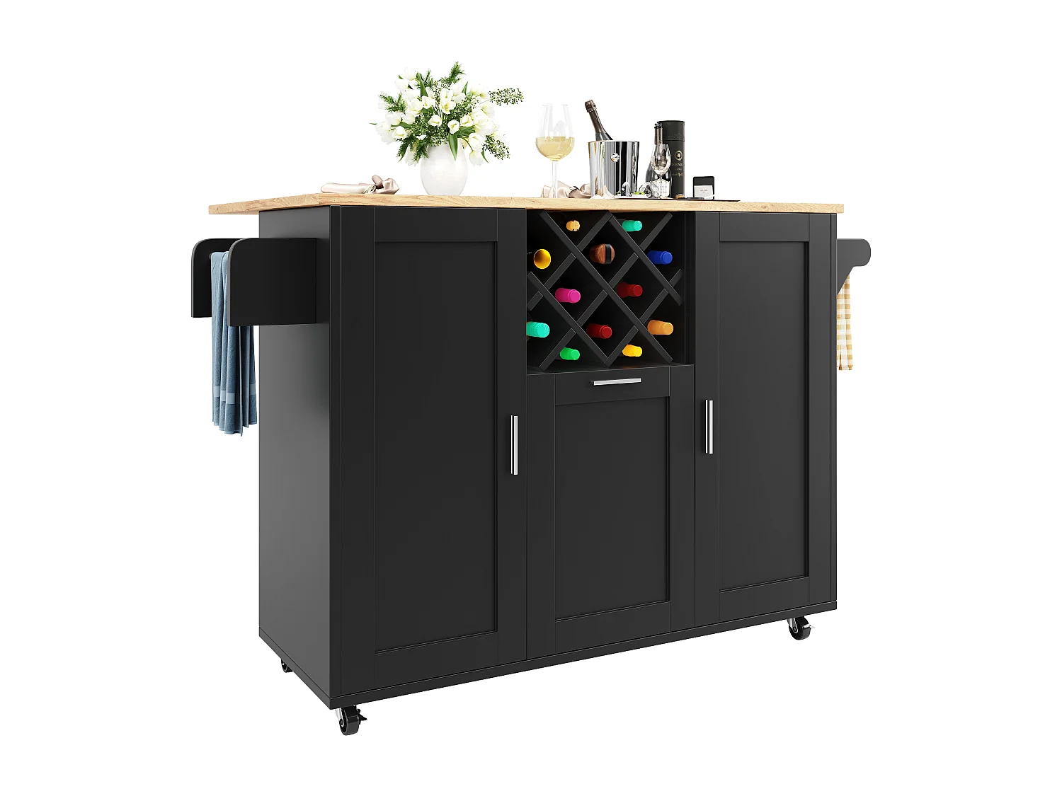 Ilot central de cuisine mobile avec 3 portes et 12 Porte-Bouteilles - Plateau extensible - 183x43(76)x92cm - Bois MDF - Noir et naturel