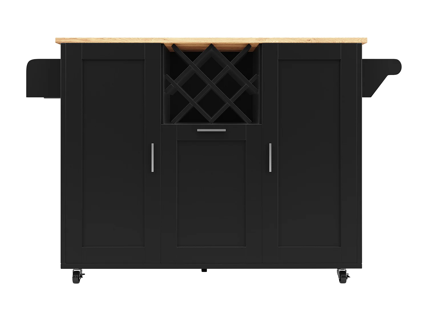 Ilot central de cuisine mobile avec 3 portes et 12 Porte-Bouteilles - Plateau extensible - 183x43(76)x92cm - Bois MDF - Noir et naturel