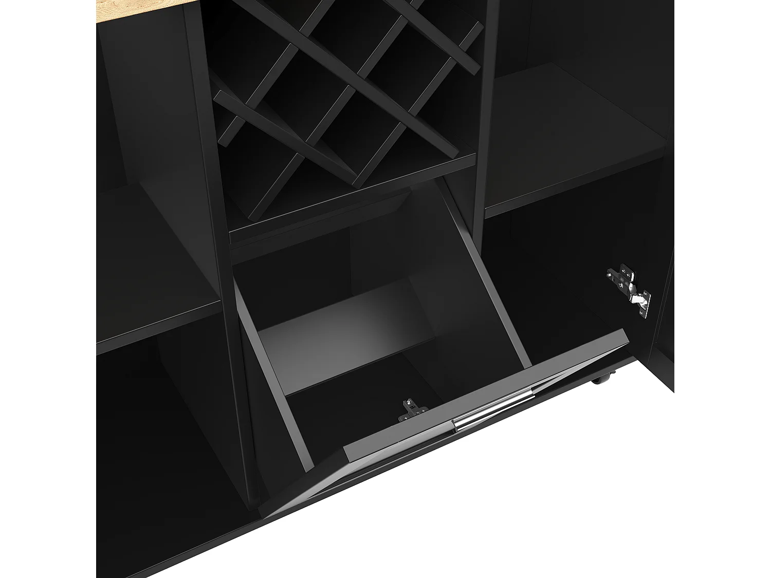 Ilot central de cuisine mobile avec 3 portes et 12 Porte-Bouteilles - Plateau extensible - 183x43(76)x92cm - Bois MDF - Noir et naturel