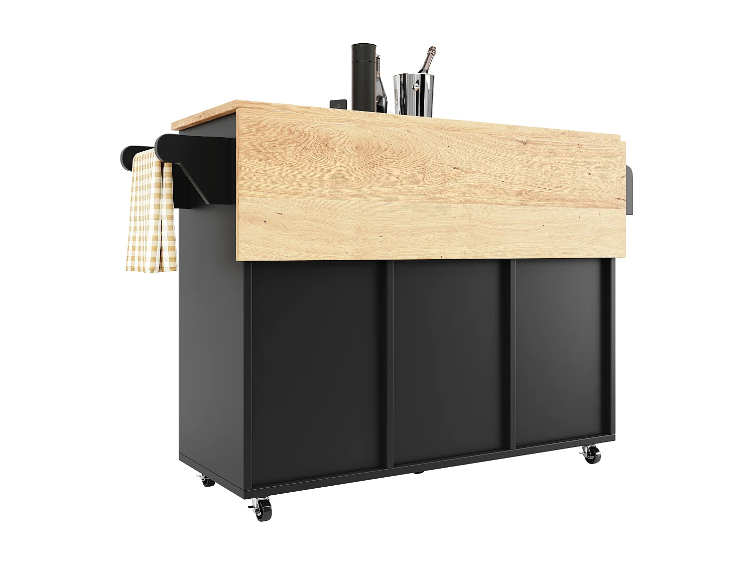 Ilot central de cuisine mobile avec 3 portes et 12 Porte-Bouteilles - Plateau extensible - 183x43(76)x92cm - Bois MDF - Noir et naturel