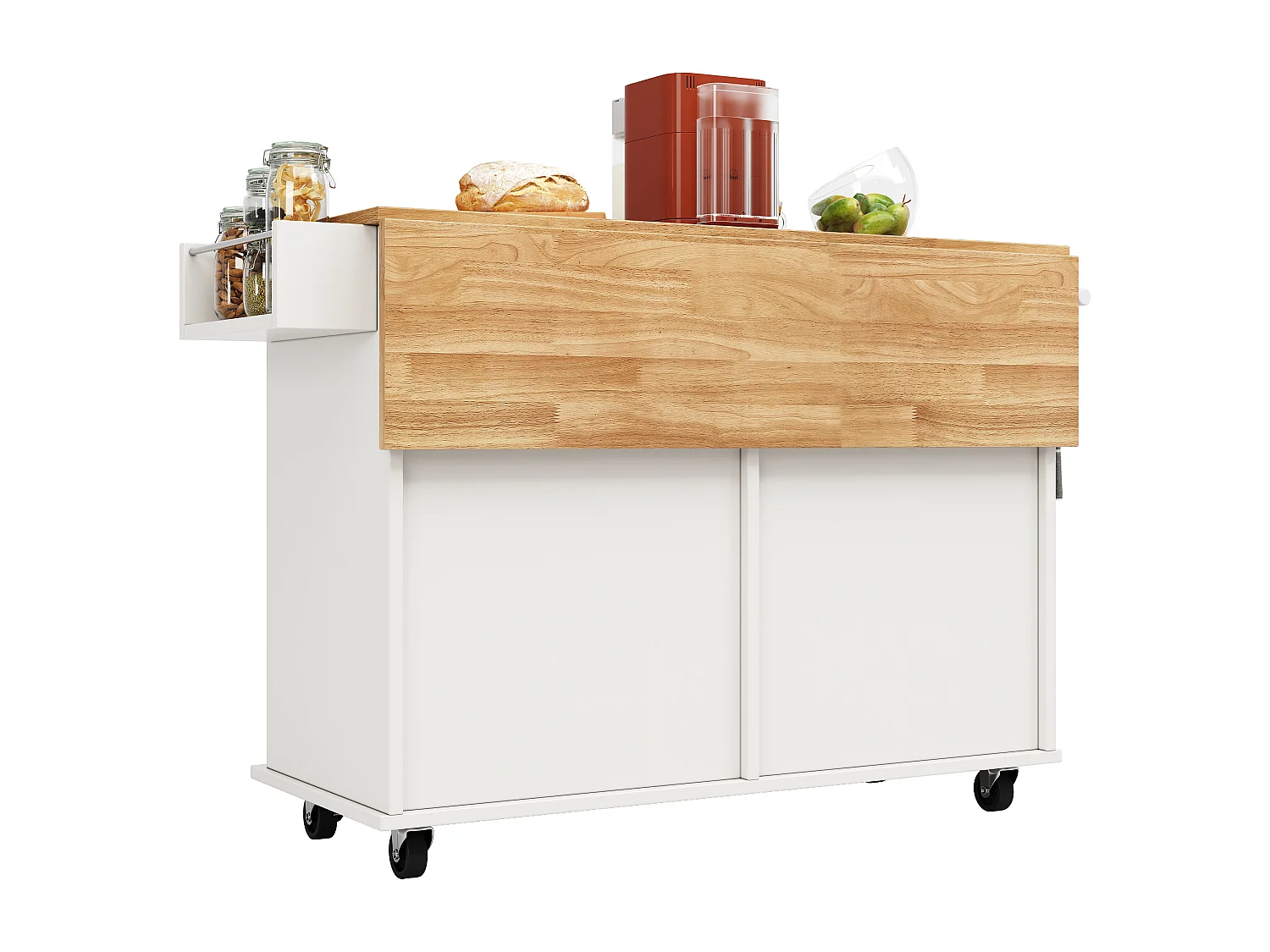 Mobilna wyspa kuchenna z 4 drzwiami i 2 szufladami - Rozkładany blat - 106x50(78)x90,5 cm - Drewno MDF - Biały i naturalny