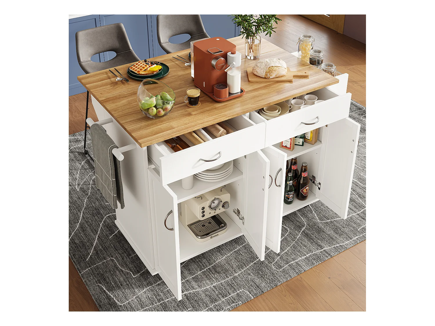 Mobile Kücheninsel mit 4 Türen und 2 Schubladen - Ausziehbare Platte - 106x50(78)x90,5cm - MDF-Holz - Weiß und Natur