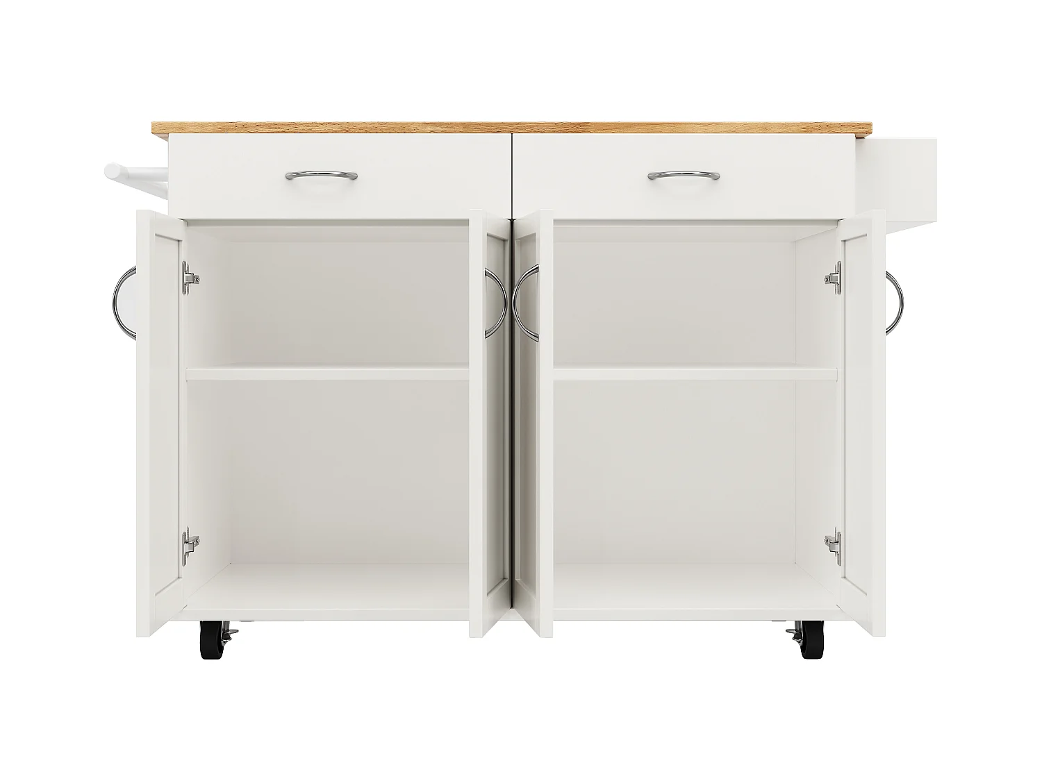 Ilot central de cuisine mobile avec 4 portes et 2 tiroirs - Plateau extensible - 106x50(78)x90.5cm - Bois MDF - Blanc et naturel