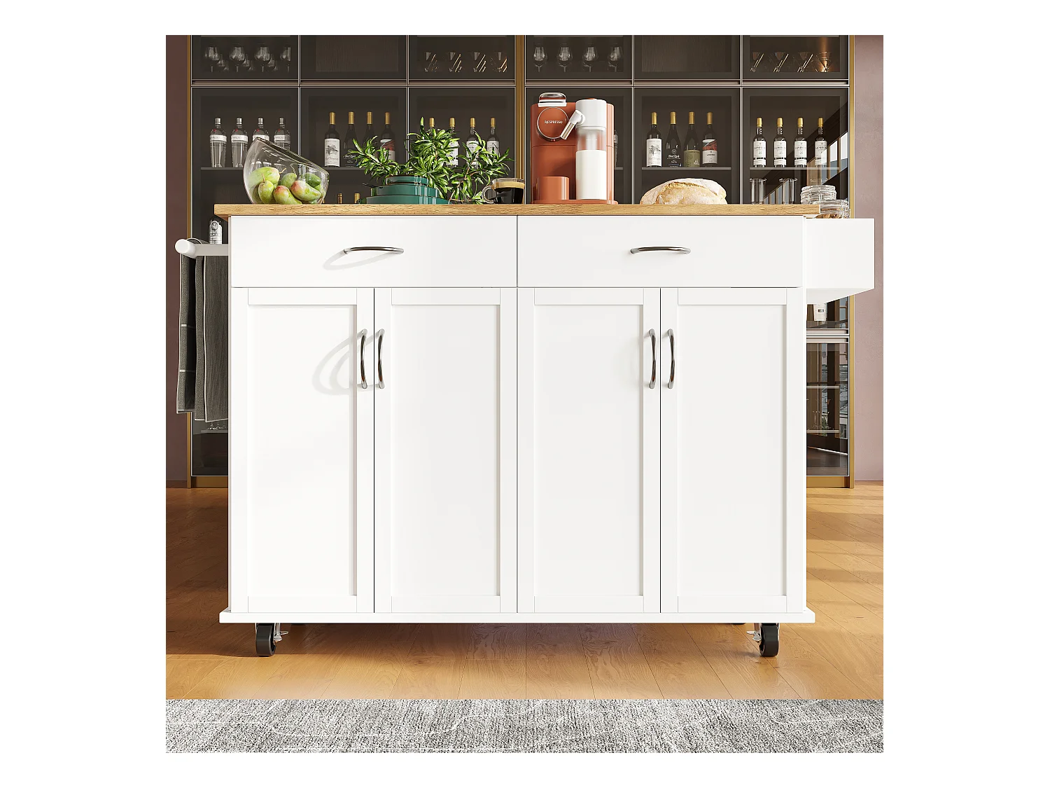 Ilot central de cuisine mobile avec 4 portes et 2 tiroirs - Plateau extensible - 106x50(78)x90.5cm - Bois MDF - Blanc et naturel