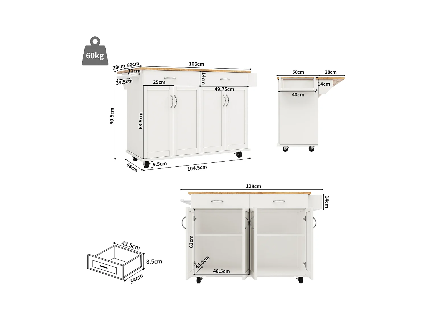 Ilot central de cuisine mobile avec 4 portes et 2 tiroirs - Plateau extensible - 106x50(78)x90.5cm - Bois MDF - Blanc et naturel