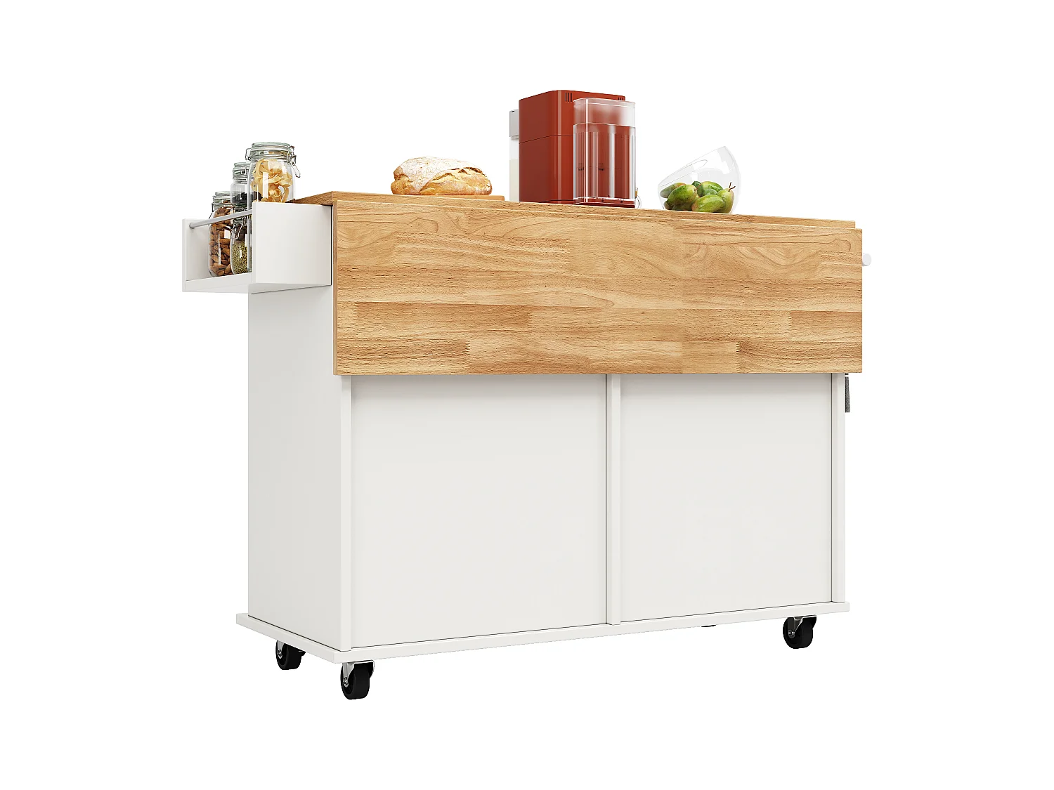 Ilot central de cuisine mobile avec 4 portes et 2 tiroirs - Plateau extensible - 106x50(78)x90.5cm - Bois MDF - Blanc et naturel