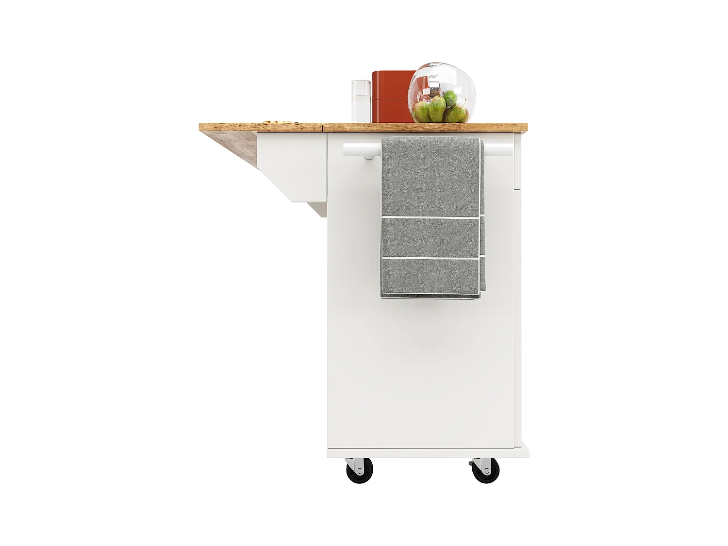 Ilot central de cuisine mobile avec 4 portes et 2 tiroirs - Plateau extensible - 106x50(78)x90.5cm - Bois MDF - Blanc et naturel