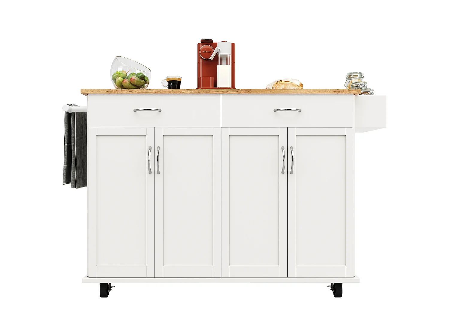 Ilot central de cuisine mobile avec 4 portes et 2 tiroirs - Plateau extensible - 106x50(78)x90.5cm - Bois MDF - Blanc et naturel