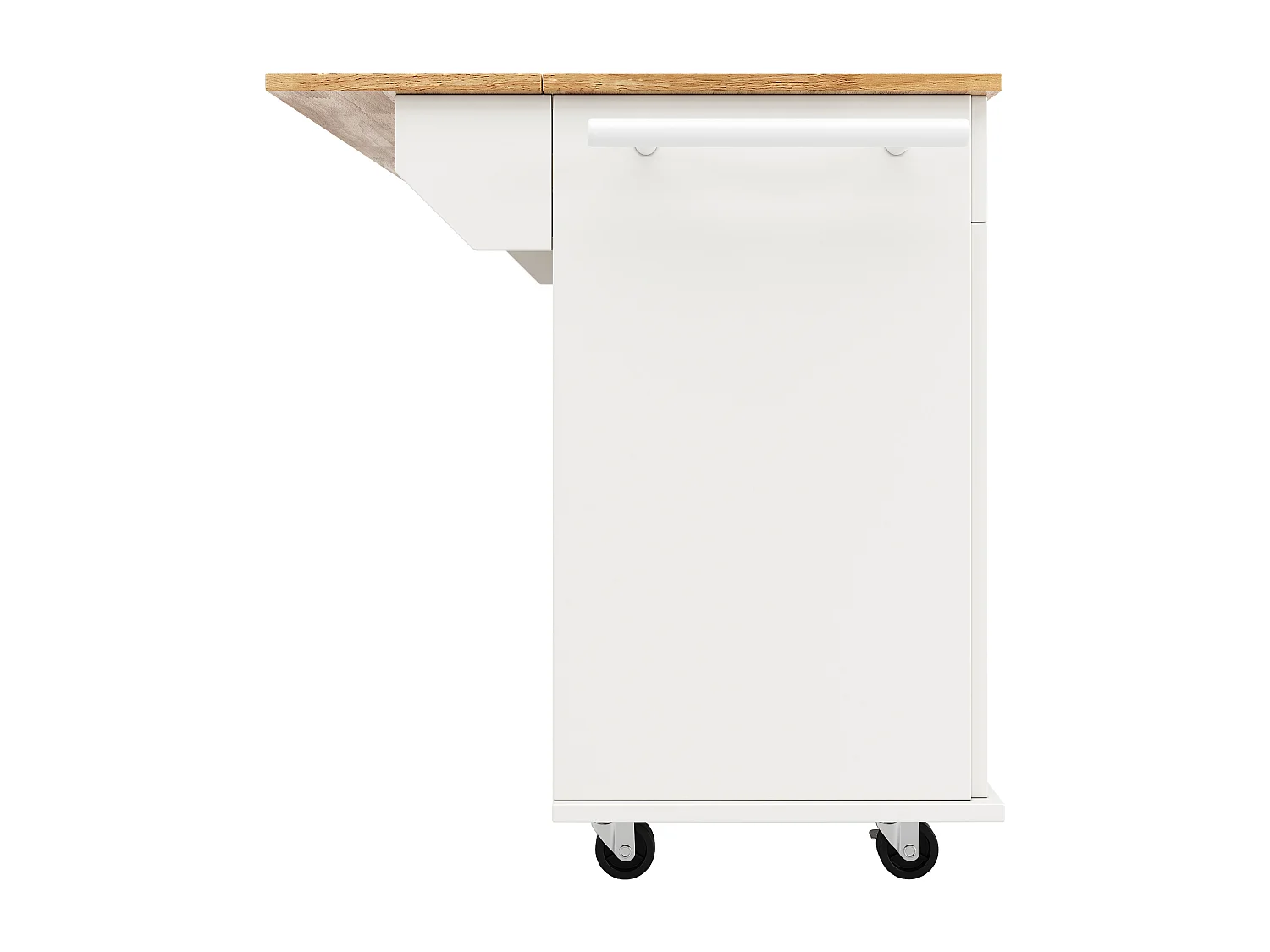 Isla de cocina móvil con 4 puertas y 2 cajones - Tablero extensible - 106x50(78)x90,5cm - Madera MDF - Blanco y natural