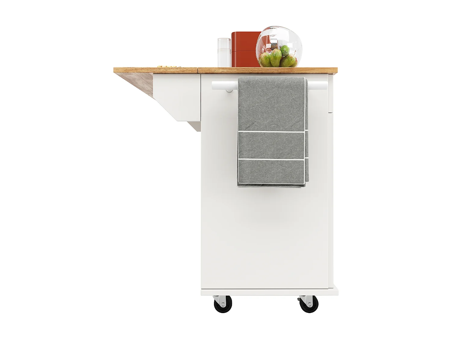 Isla de cocina móvil con 4 puertas y 2 cajones - Tablero extensible - 106x50(78)x90,5cm - Madera MDF - Blanco y natural