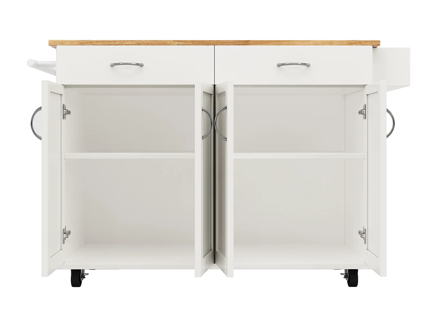 Isla de cocina móvil con 4 puertas y 2 cajones - Tablero extensible - 106x50(78)x90,5cm - Madera MDF - Blanco y natural