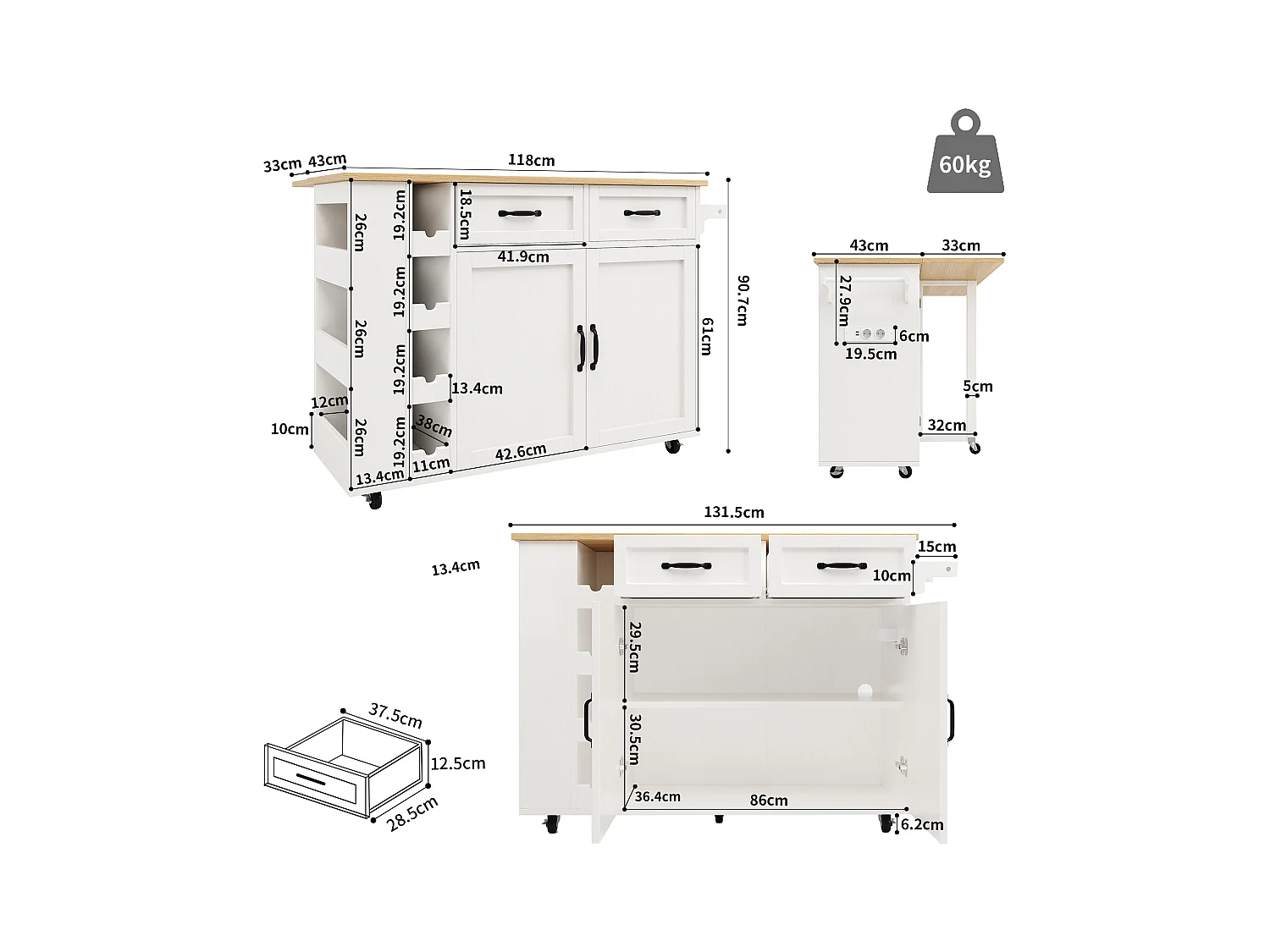 Mobiel kookeiland met 2 deuren, 2 lades en 4 flessenhouders - Uitschuifbaar blad - 131,5x43(76)x90,7cm - MDF - Wit en naturel