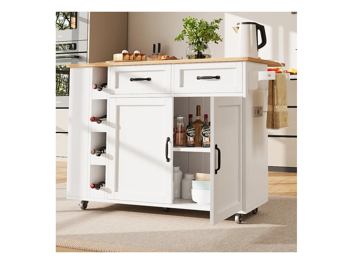 Ilot central de cuisine mobile avec 2 portes, 2 tiroirs et 4 Porte-Bouteilles - Plateau extensible - 131.5x43(76)x90.7cm - MDF - Blanc et naturel