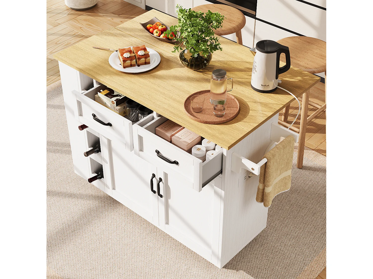 Mobilna wyspa kuchenna z 2 drzwiami, 2 szufladami i 4 uchwytami na butelki - Rozkładany blat - 131,5x43(76)x90,7cm - MDF - Biały i naturalny