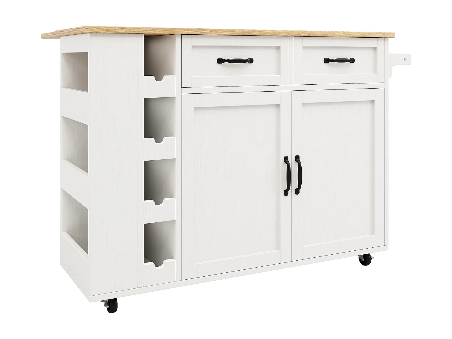 Isola cucina mobile con 2 ante, 2 cassetti e 4 portabottiglie - Piano estensibile - 131,5x43(76)x90,7cm - MDF - Bianco e naturale