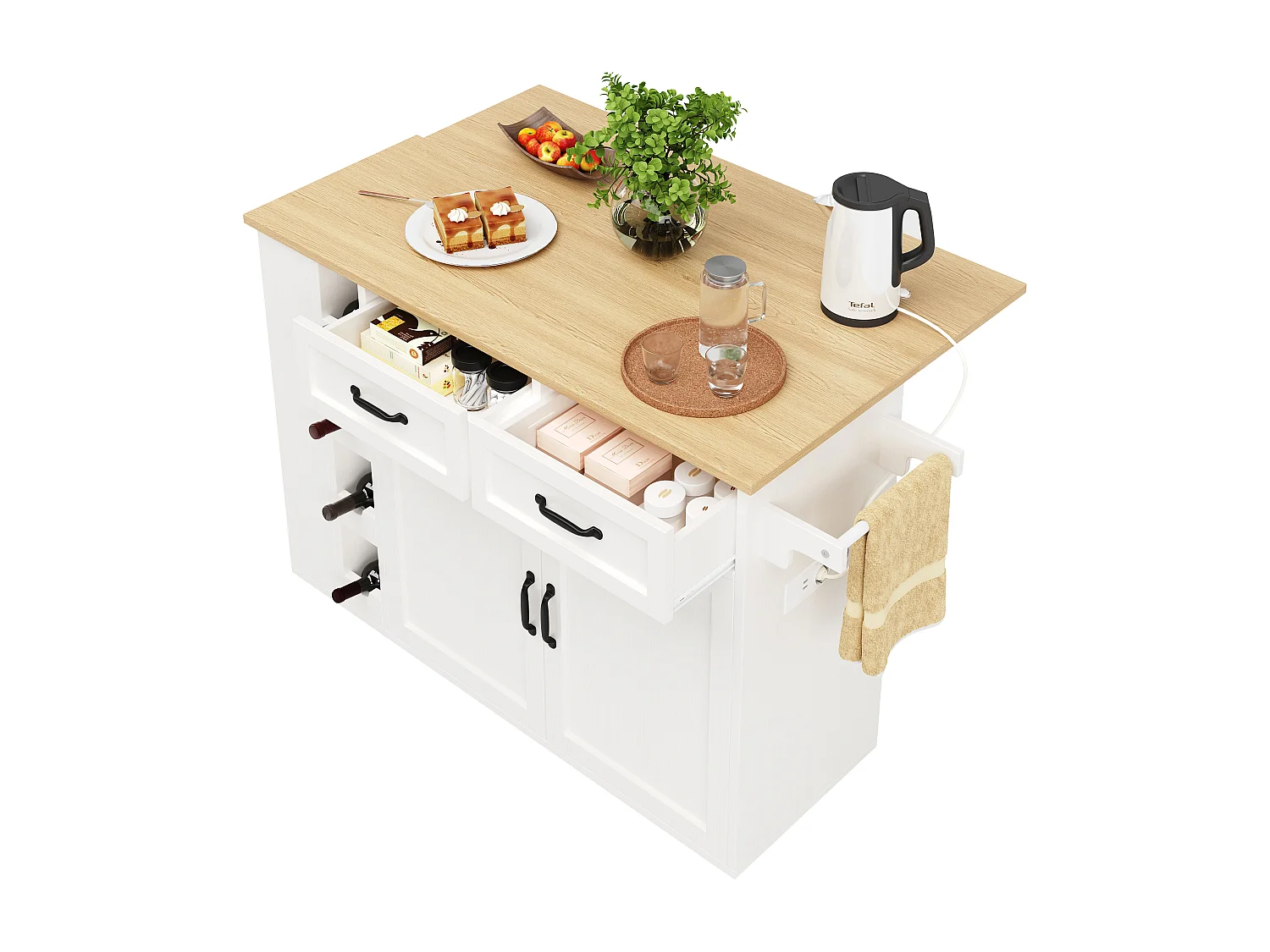 Isola cucina mobile con 2 ante, 2 cassetti e 4 portabottiglie - Piano estensibile - 131,5x43(76)x90,7cm - MDF - Bianco e naturale