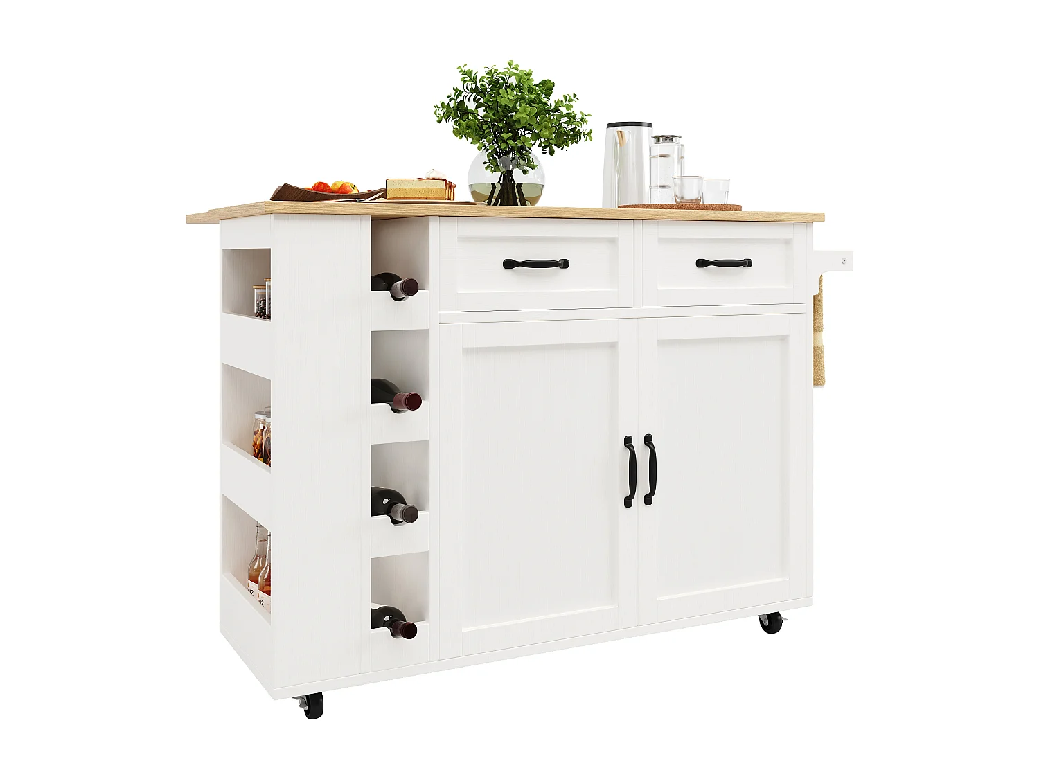 Isola cucina mobile con 2 ante, 2 cassetti e 4 portabottiglie - Piano estensibile - 131,5x43(76)x90,7cm - MDF - Bianco e naturale