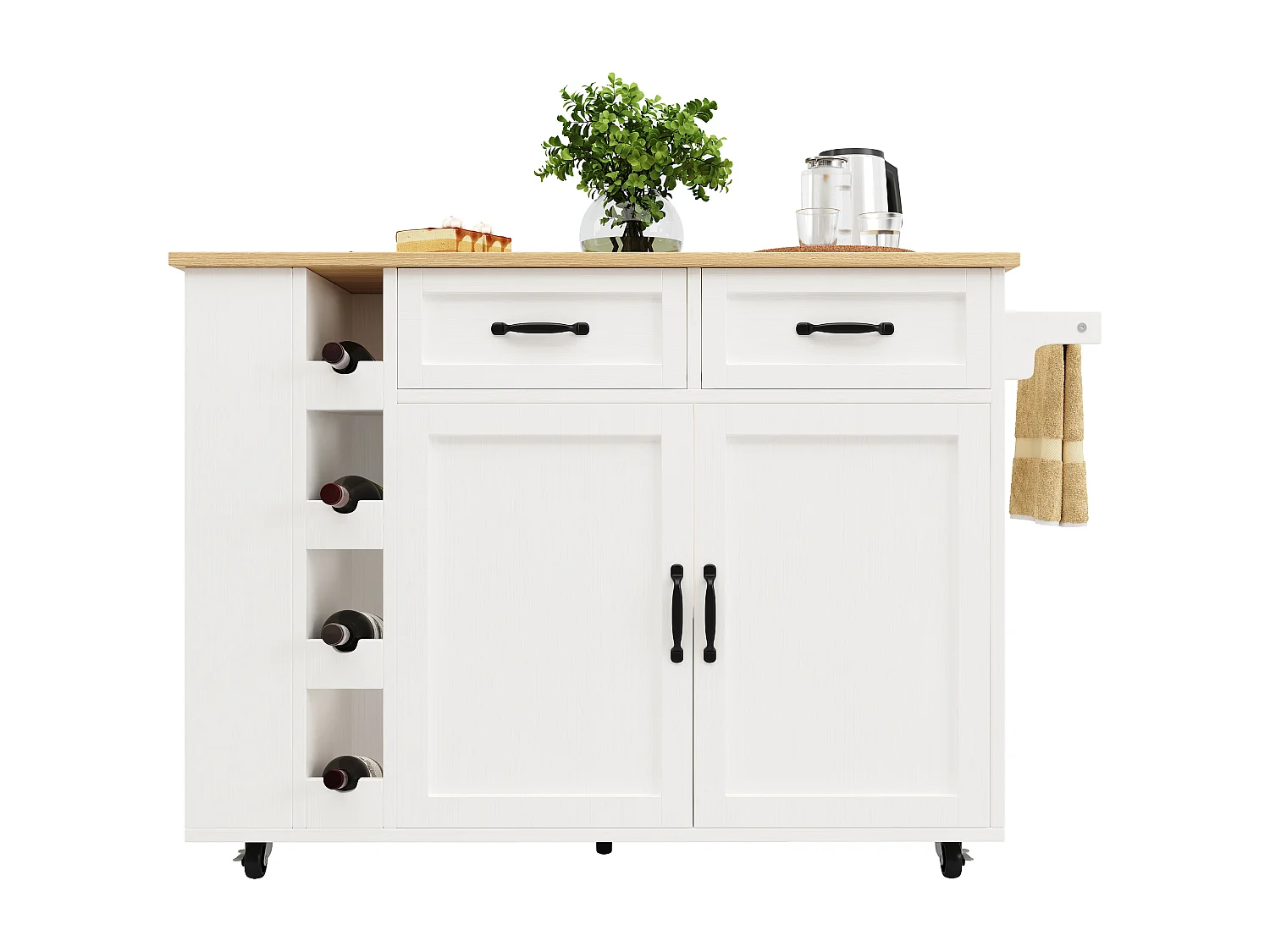 Isola cucina mobile con 2 ante, 2 cassetti e 4 portabottiglie - Piano estensibile - 131,5x43(76)x90,7cm - MDF - Bianco e naturale
