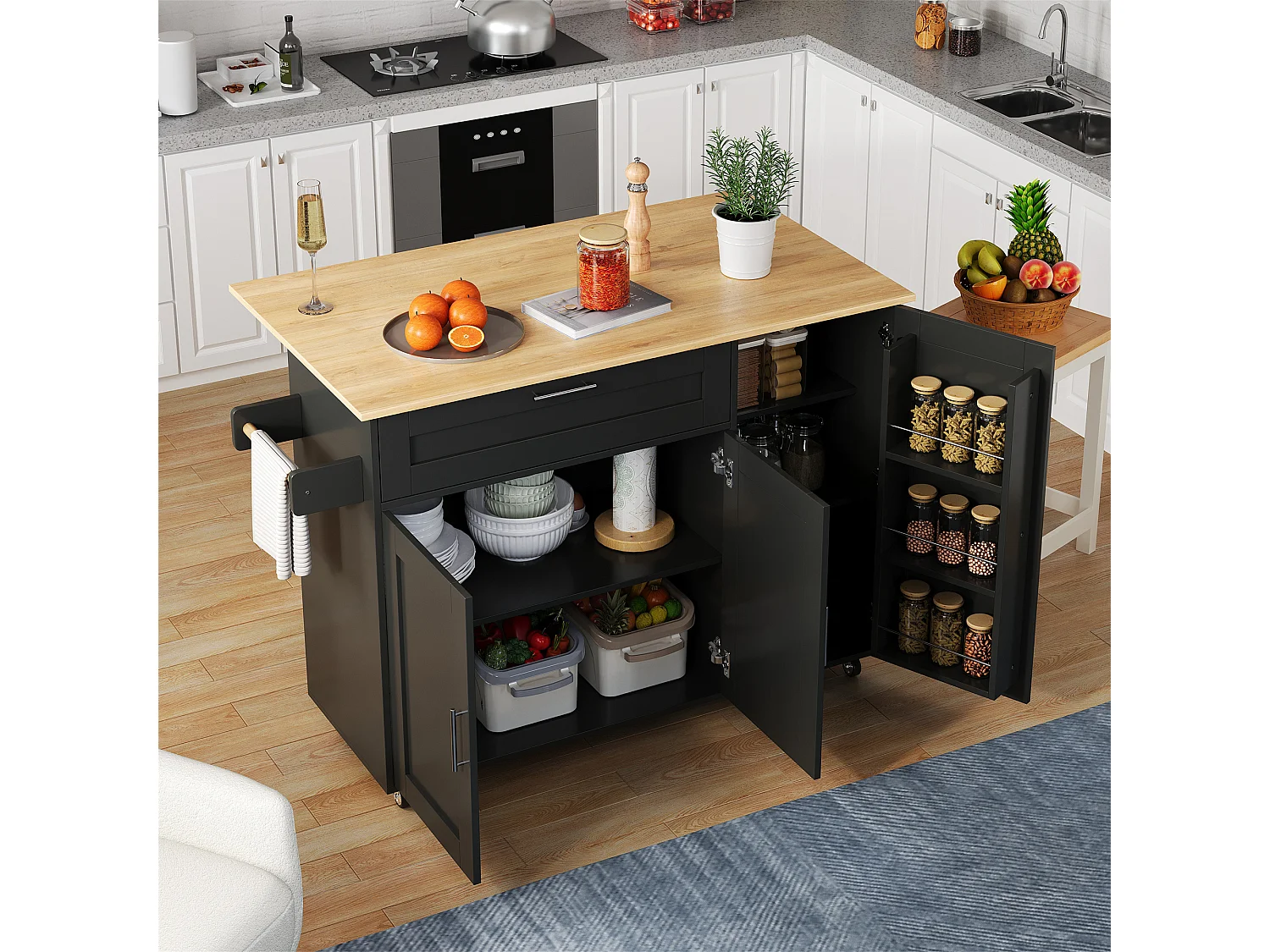 Mobiel kookeiland met 3 deuren en 1 lade - Uitschuifbaar blad - 132,5x44(70)x90 cm - MDF hout - Zwart en naturel