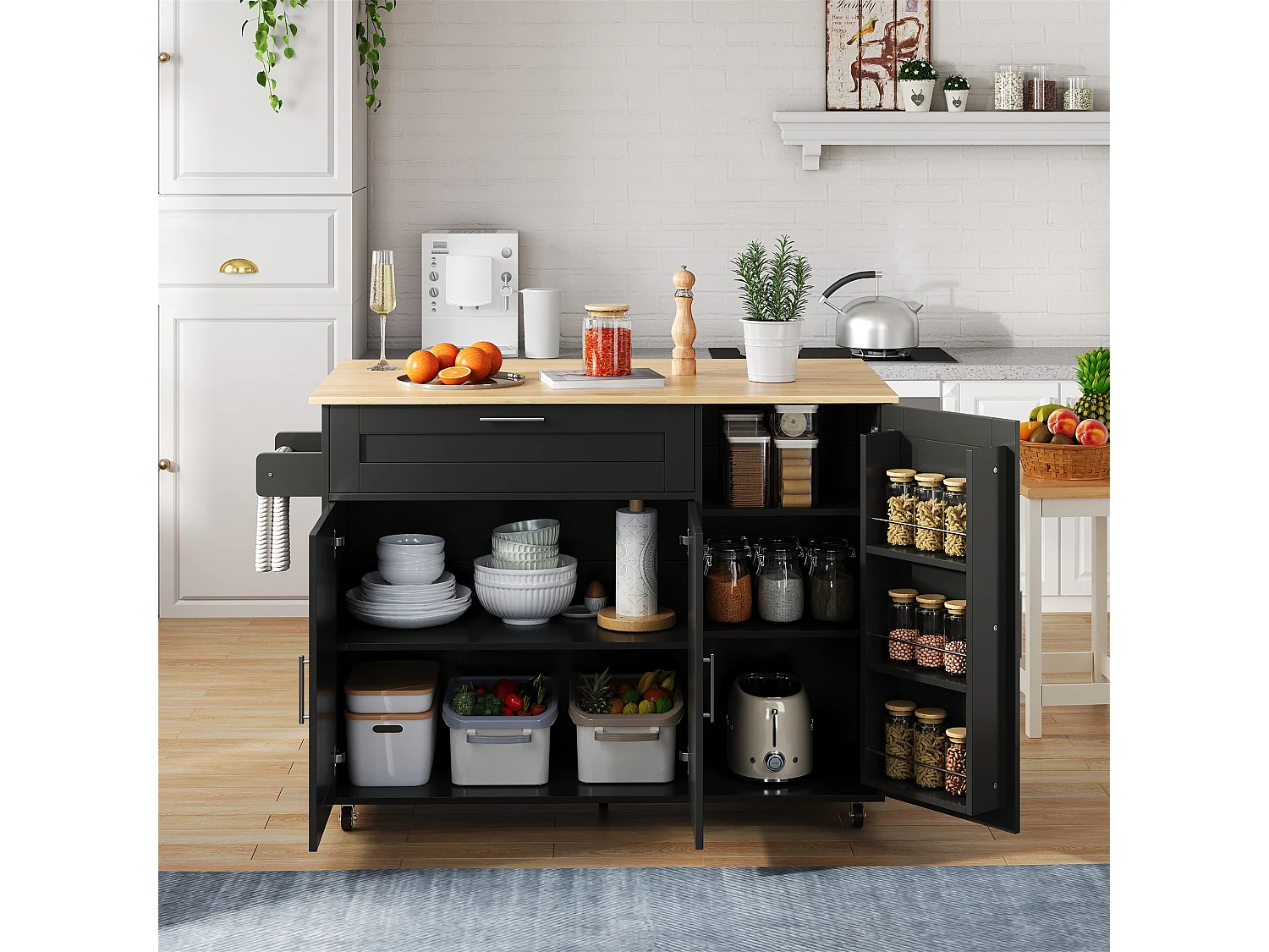 Mobiel kookeiland met 3 deuren en 1 lade - Uitschuifbaar blad - 132,5x44(70)x90 cm - MDF hout - Zwart en naturel