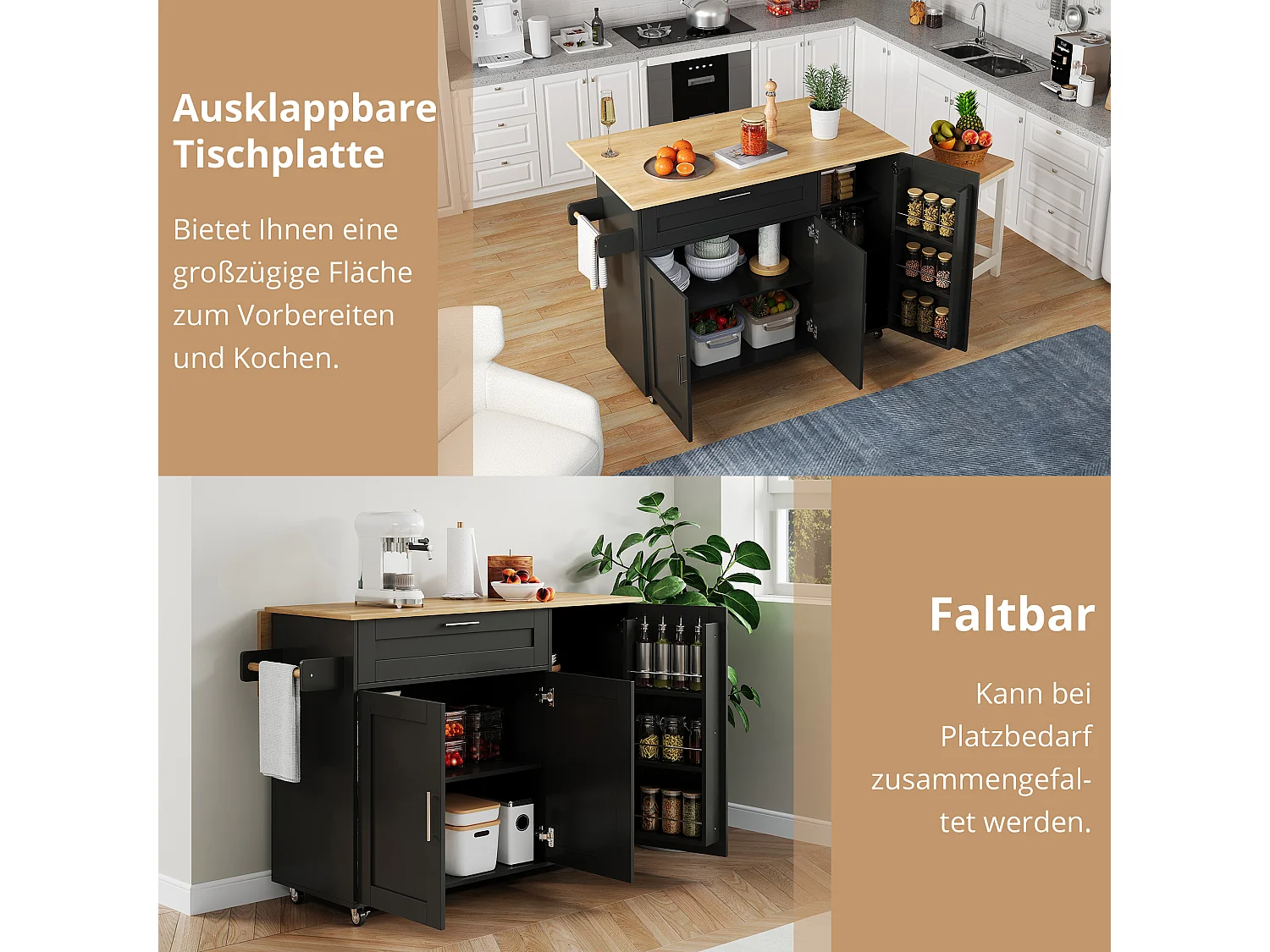 Mobiel kookeiland met 3 deuren en 1 lade - Uitschuifbaar blad - 132,5x44(70)x90 cm - MDF hout - Zwart en naturel