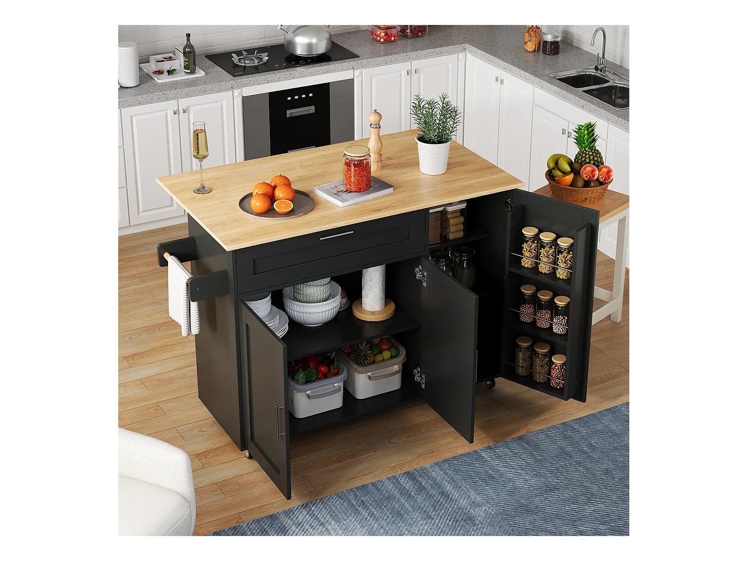 Ilot central de cuisine mobile avec 3 portes et 1 tiroir - Plateau extensible - 132.5x44(70)x90 cm - Bois MDF - Noir et naturel