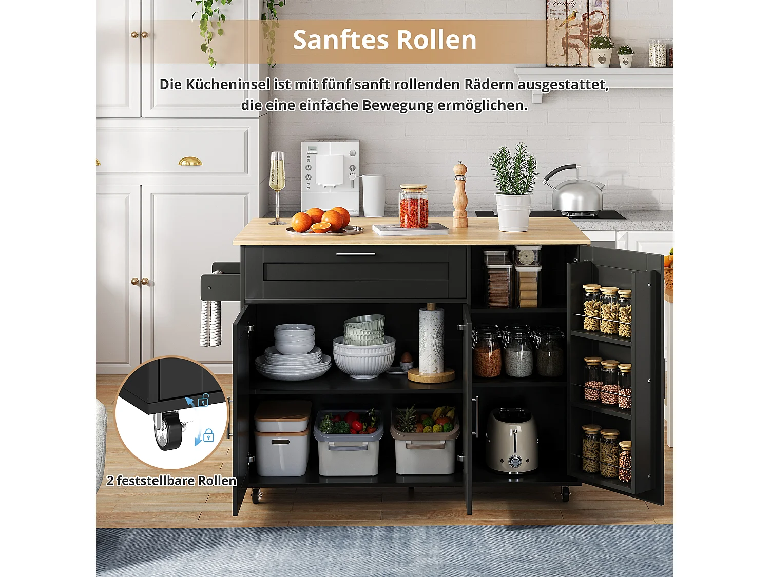 Ilot central de cuisine mobile avec 3 portes et 1 tiroir - Plateau extensible - 132.5x44(70)x90 cm - Bois MDF - Noir et naturel