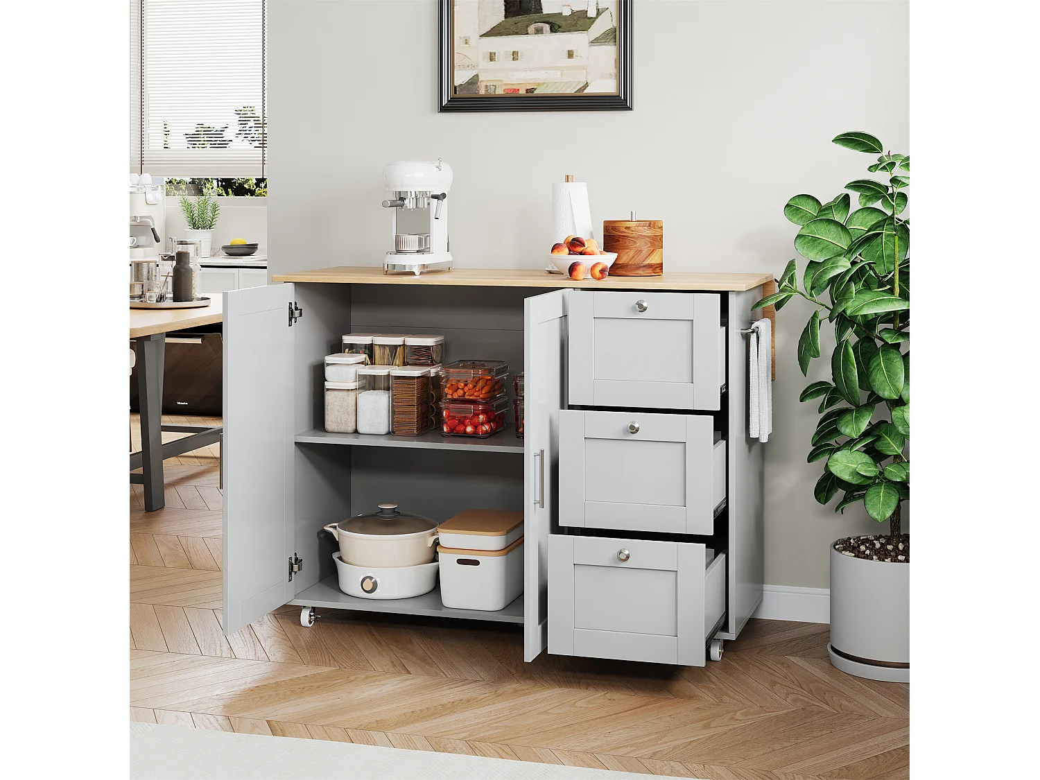 Ilha de cozinha móvel com 2 portas e 3 gavetas - Tampo extensível - 135x44(70)x90 cm - Madeira MDF - Cinza e natural