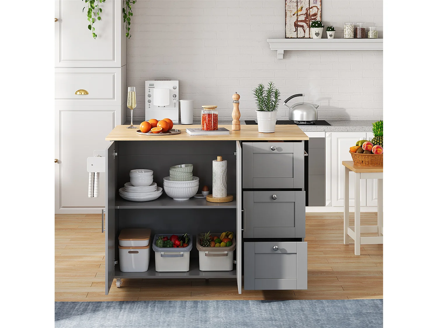 Ilha de cozinha móvel com 2 portas e 3 gavetas - Tampo extensível - 135x44(70)x90 cm - Madeira MDF - Cinza e natural