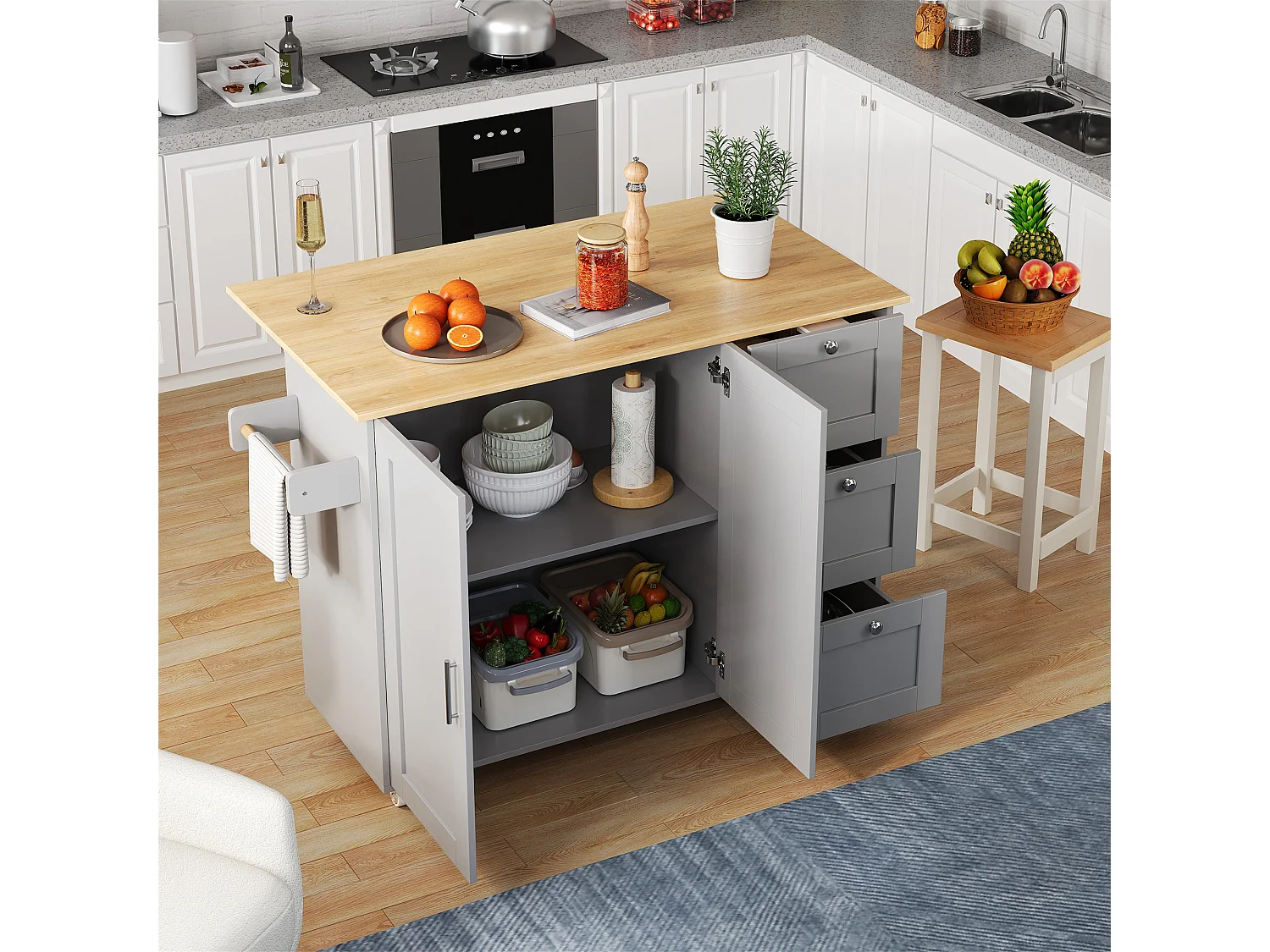 Ilha de cozinha móvel com 2 portas e 3 gavetas - Tampo extensível - 135x44(70)x90 cm - Madeira MDF - Cinza e natural