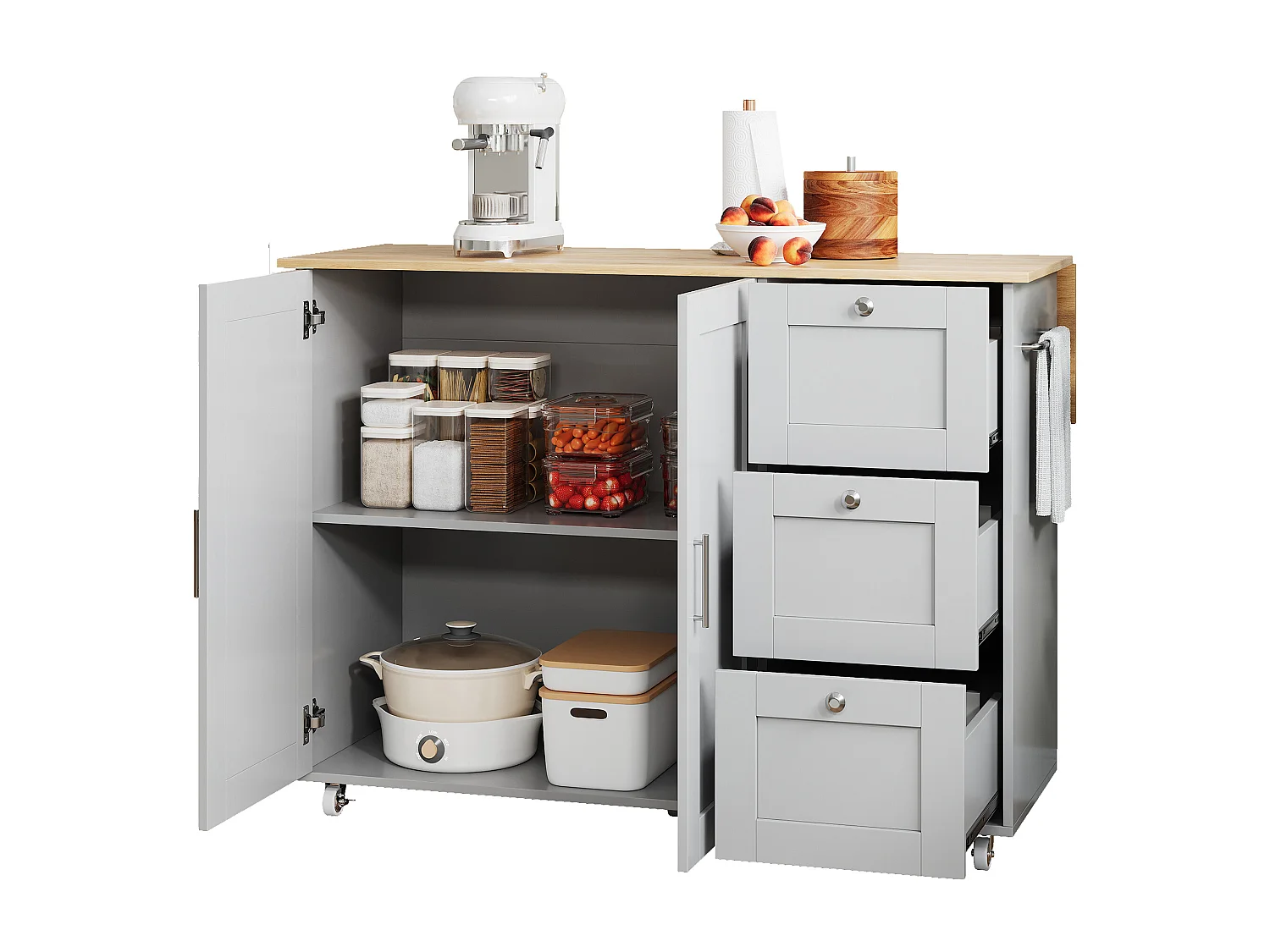 Ilha de cozinha móvel com 2 portas e 3 gavetas - Tampo extensível - 135x44(70)x90 cm - Madeira MDF - Cinza e natural