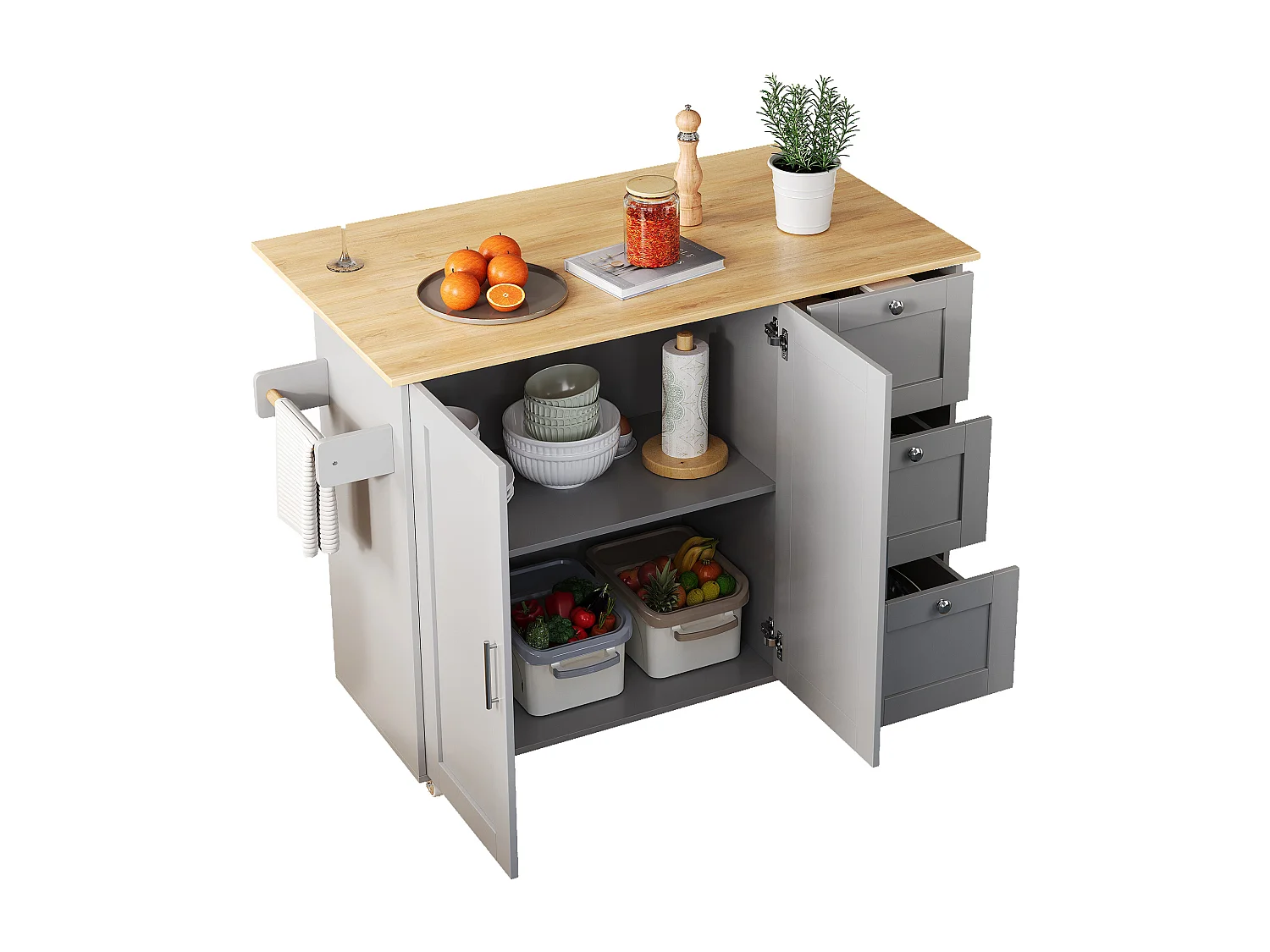 Ilha de cozinha móvel com 2 portas e 3 gavetas - Tampo extensível - 135x44(70)x90 cm - Madeira MDF - Cinza e natural