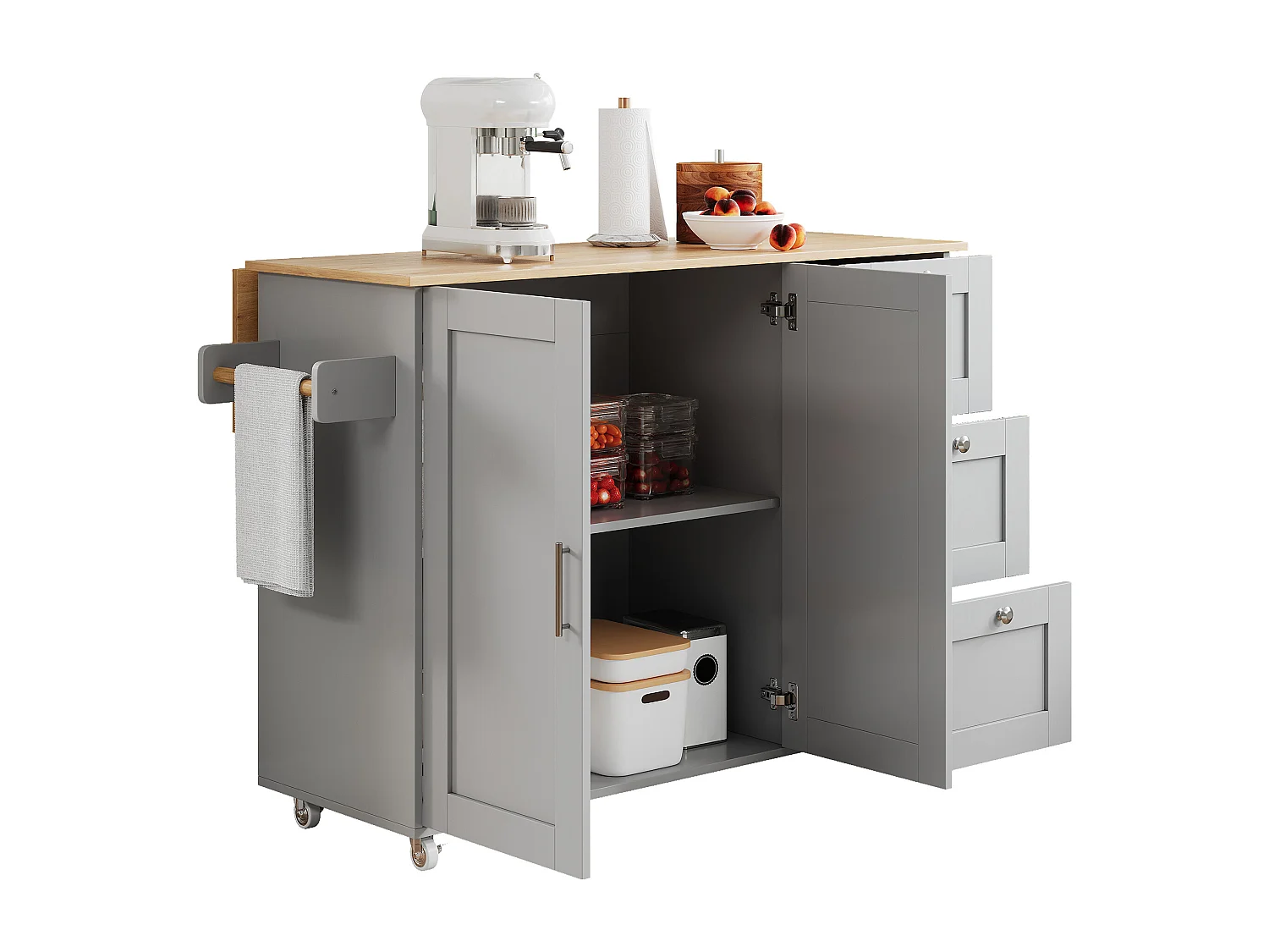 Ilha de cozinha móvel com 2 portas e 3 gavetas - Tampo extensível - 135x44(70)x90 cm - Madeira MDF - Cinza e natural