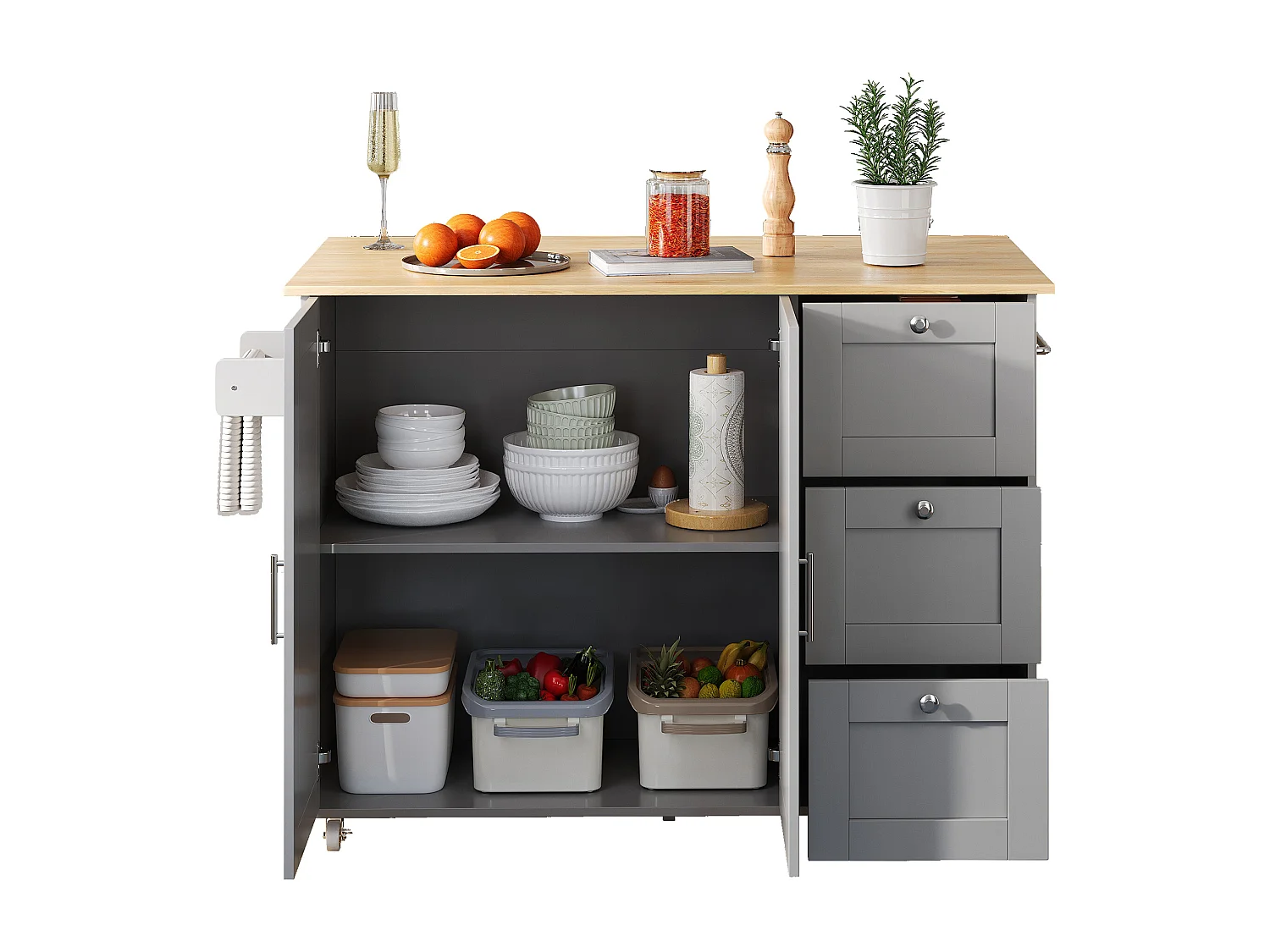 Ilha de cozinha móvel com 2 portas e 3 gavetas - Tampo extensível - 135x44(70)x90 cm - Madeira MDF - Cinza e natural