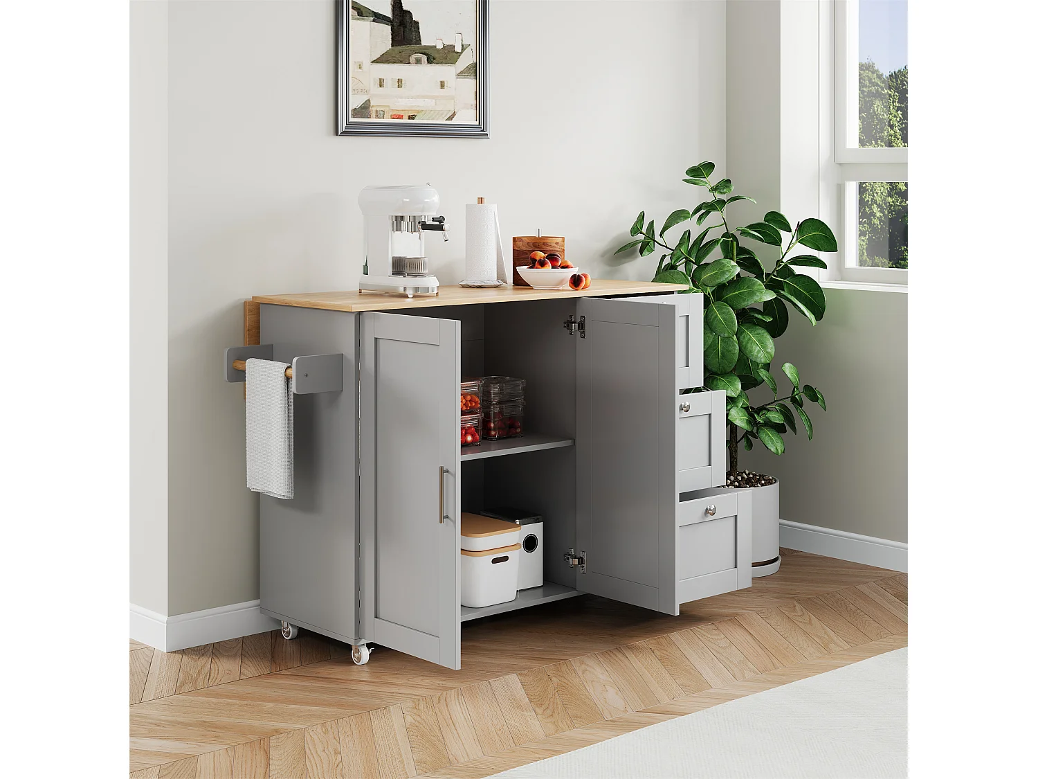 Ilha de cozinha móvel com 2 portas e 3 gavetas - Tampo extensível - 135x44(70)x90 cm - Madeira MDF - Cinza e natural