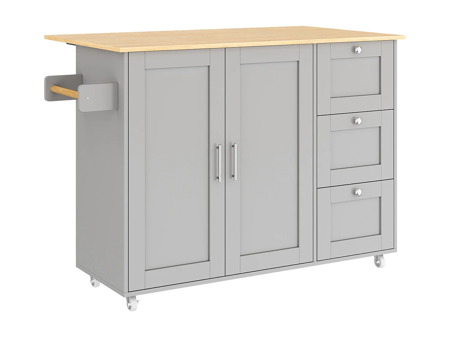 Ilha de cozinha móvel com 2 portas e 3 gavetas - Tampo extensível - 135x44(70)x90 cm - Madeira MDF - Cinza e natural