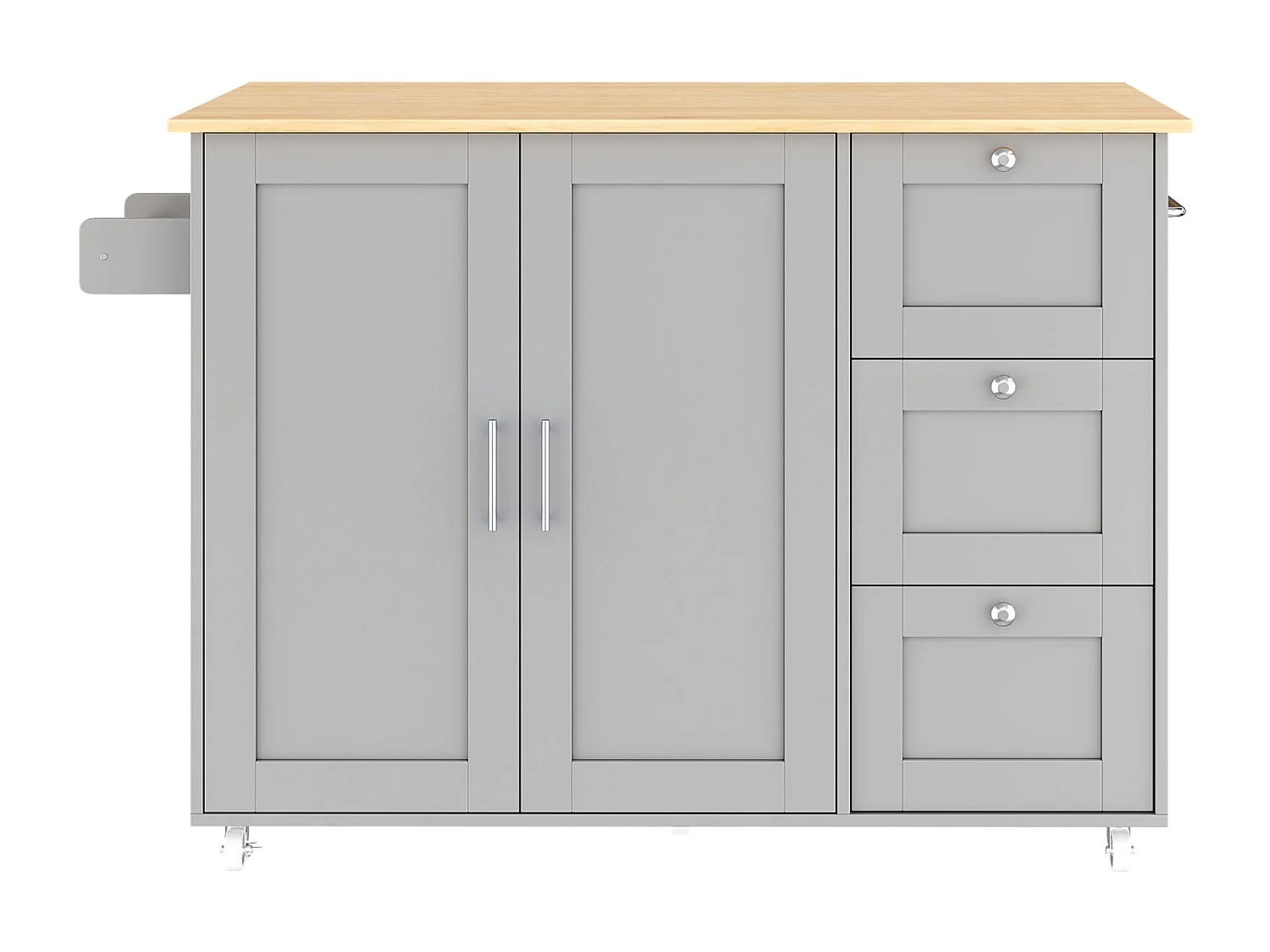 Ilha de cozinha móvel com 2 portas e 3 gavetas - Tampo extensível - 135x44(70)x90 cm - Madeira MDF - Cinza e natural