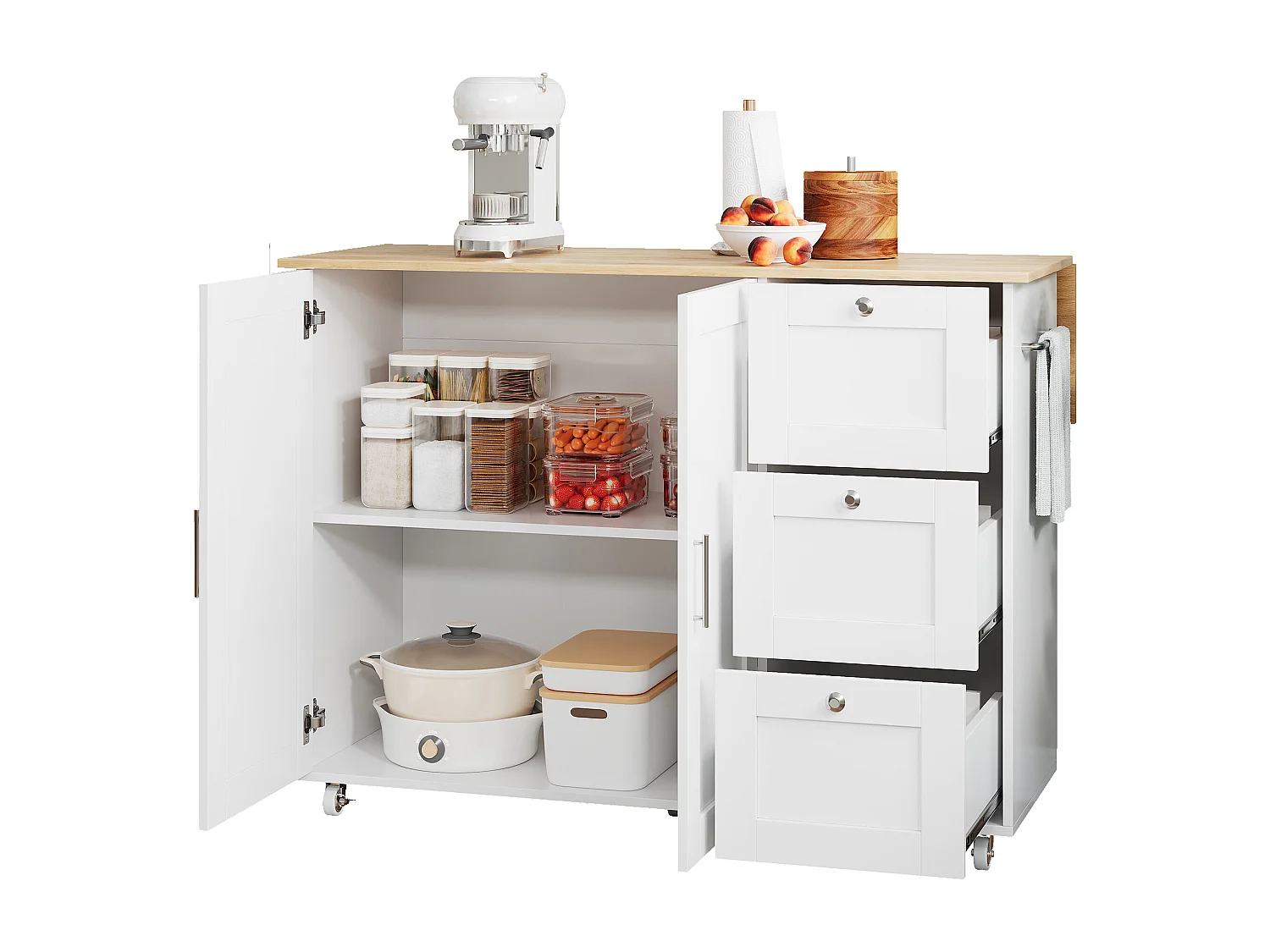 Ilha de cozinha móvel com 2 portas e 3 gavetas - Tampo extensível - 135x44(70)x90 cm - Madeira MDF - Branco e natural