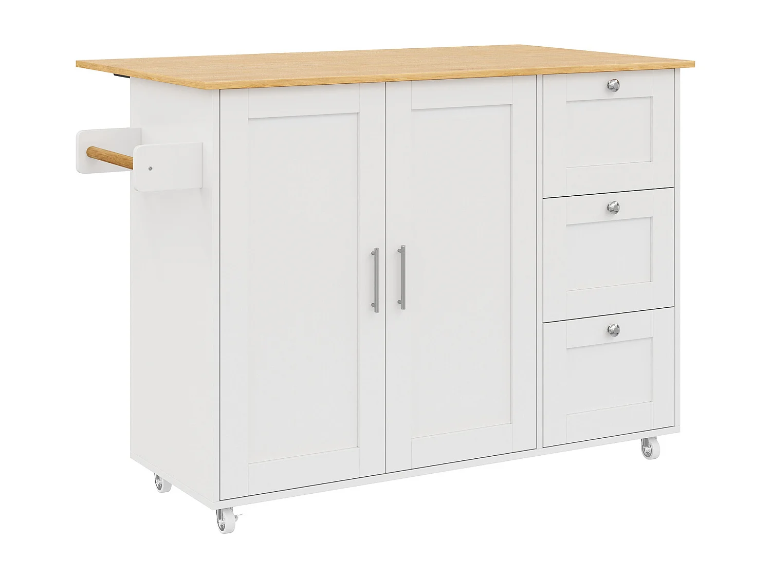 Ilha de cozinha móvel com 2 portas e 3 gavetas - Tampo extensível - 135x44(70)x90 cm - Madeira MDF - Branco e natural