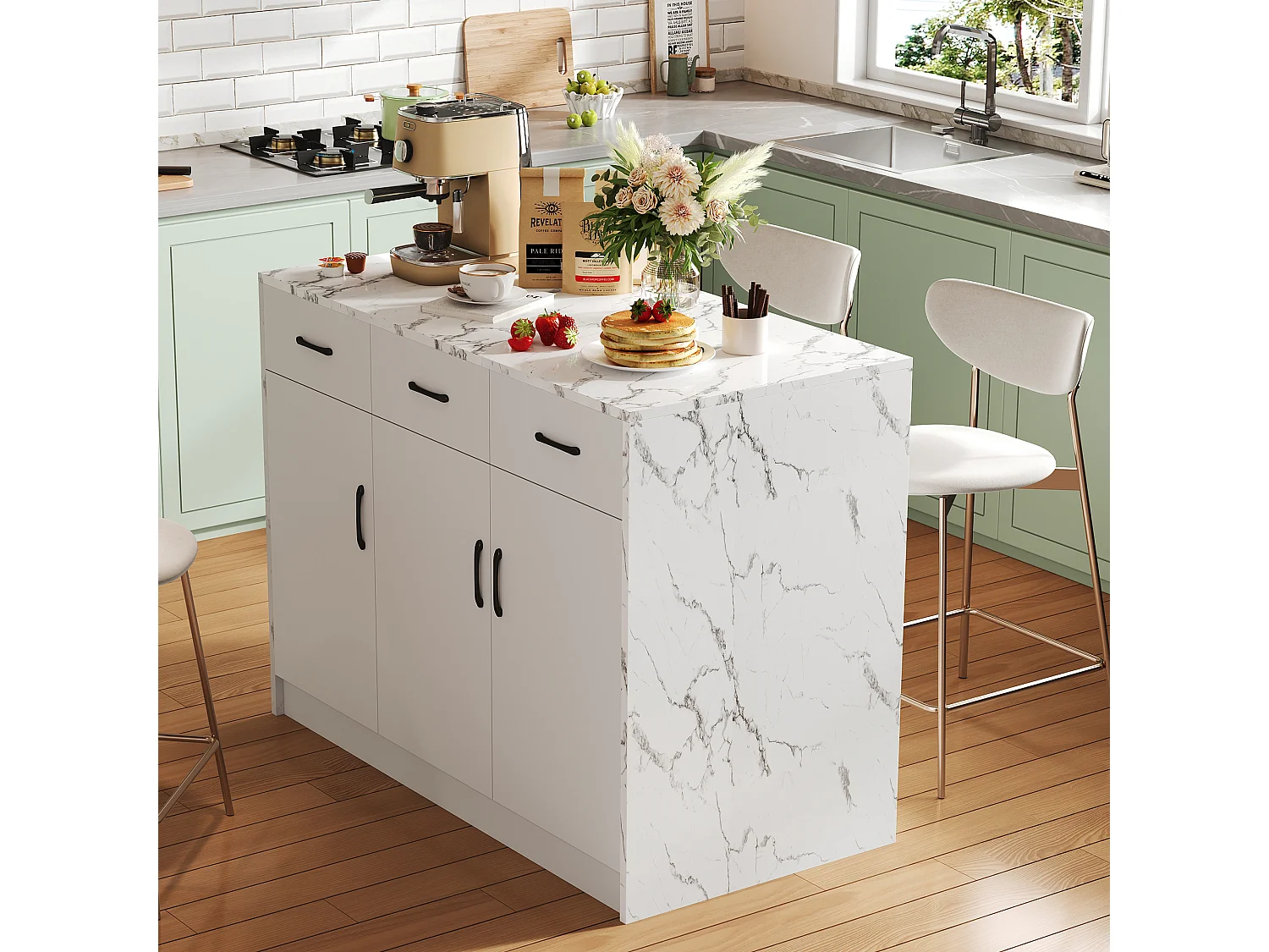 Ilot central de cuisine avec 3 portes et 3 tiroirs - 112 x 60 x 90.5 cm - Plateau en effet marbre - Bois MDF - Blanc