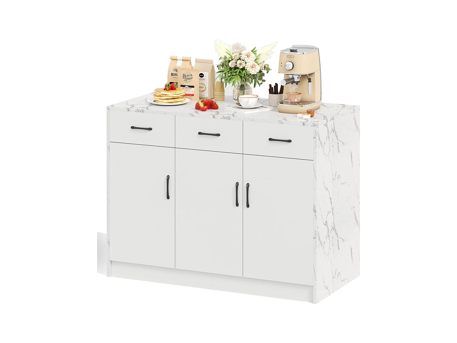 Ilot central de cuisine avec 3 portes et 3 tiroirs - 112 x 60 x 90.5 cm - Plateau en effet marbre - Bois MDF - Blanc