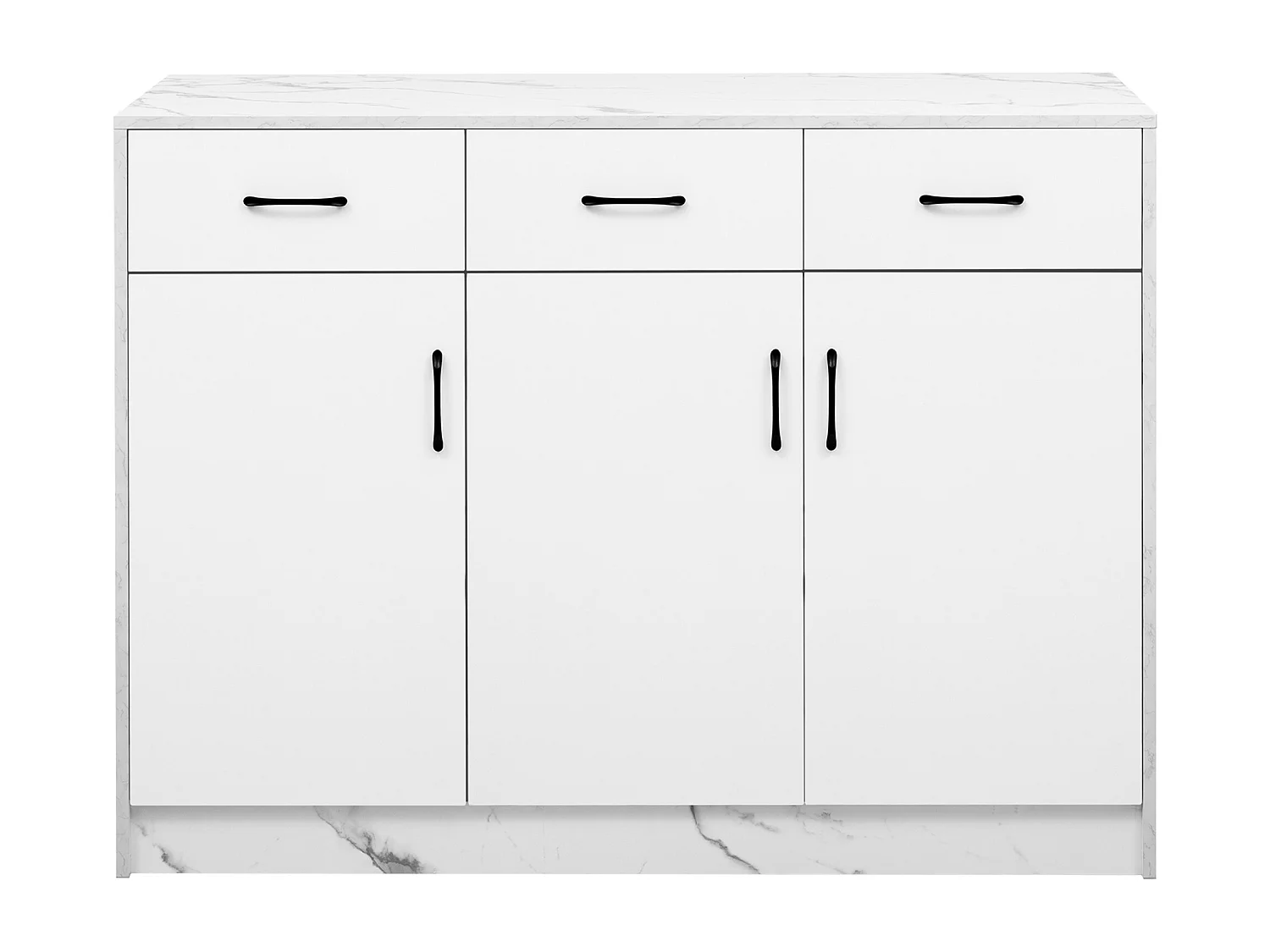 Ilot central de cuisine avec 3 portes et 3 tiroirs - 112 x 60 x 90.5 cm - Plateau en effet marbre - Bois MDF - Blanc