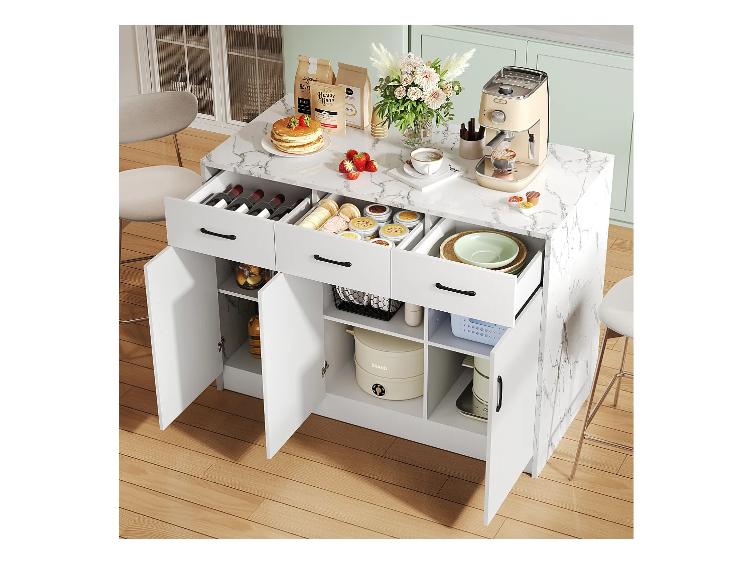 Ilot central de cuisine avec 3 portes et 3 tiroirs - 112 x 60 x 90.5 cm - Plateau en effet marbre - Bois MDF - Blanc