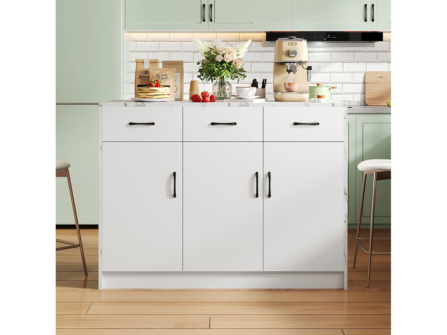 Keukeneiland met 3 deuren en 3 laden - 112 x 60 x 90,5 cm - Marmerlook blad - MDF hout - Wit