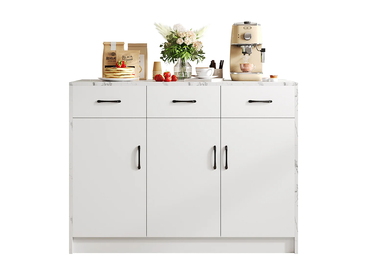 Keukeneiland met 3 deuren en 3 laden - 112 x 60 x 90,5 cm - Marmerlook blad - MDF hout - Wit