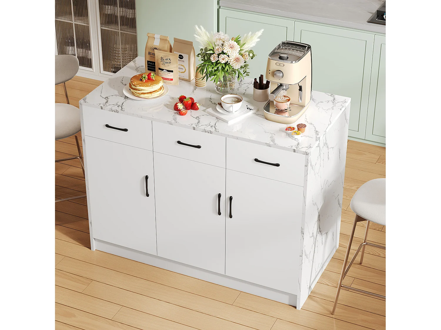 Keukeneiland met 3 deuren en 3 laden - 112 x 60 x 90,5 cm - Marmerlook blad - MDF hout - Wit