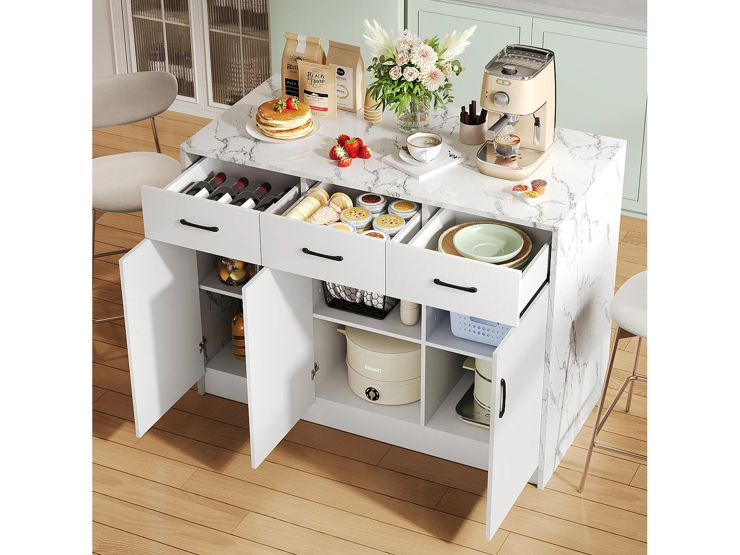 Keukeneiland met 3 deuren en 3 laden - 112 x 60 x 90,5 cm - Marmerlook blad - MDF hout - Wit