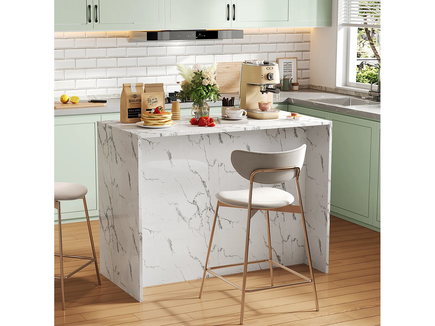 Keukeneiland met 3 deuren en 3 laden - 112 x 60 x 90,5 cm - Marmerlook blad - MDF hout - Wit