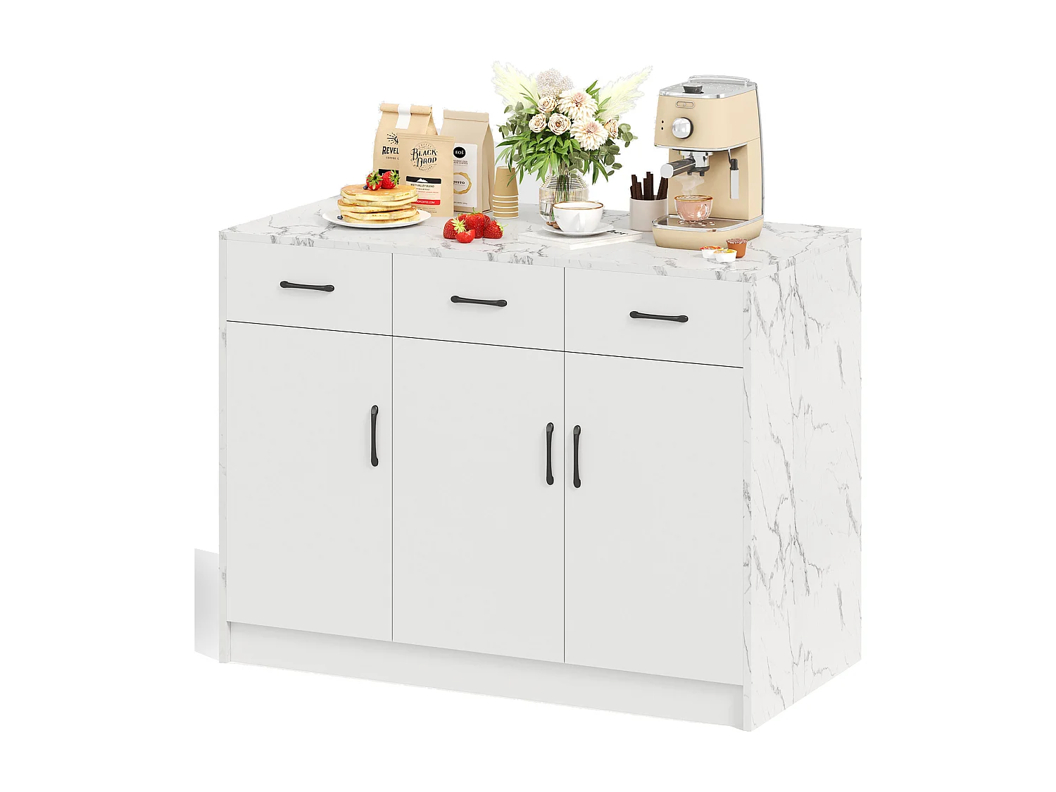Isola cucina con 3 ante e 3 cassetti - 112 x 60 x 90,5 cm - Piano effetto marmo - Legno MDF - Bianco
