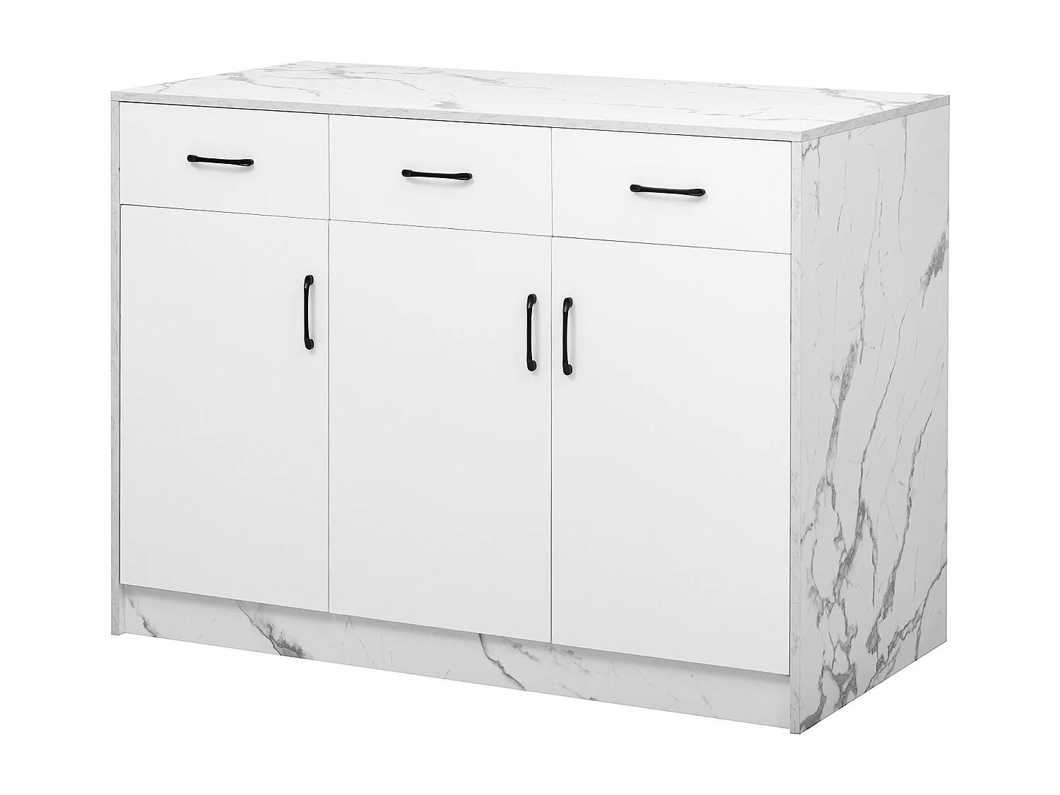 Isola cucina con 3 ante e 3 cassetti - 112 x 60 x 90,5 cm - Piano effetto marmo - Legno MDF - Bianco